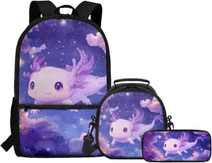 Dolyues Axolotl Girls Backpack Set  17 Inch School Kit with Adjustable Straps, Hidden Carry Handle & Spacious Compartments, Includes Thermal Lunch Bag   Durable Polyester Pencil Pouch