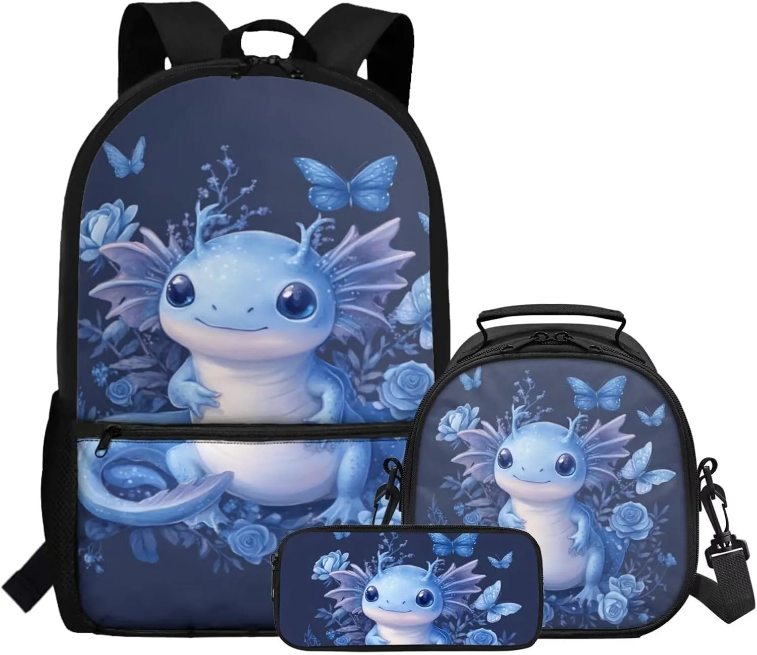 Dolyues Blue Axolotl School Backpack Set  17 Inch Complete Kit with Adjustable Straps, Hidden Handle & Front Zipper Compartment, Includes Thermal Lunch Bag   Polyester Pencil Case