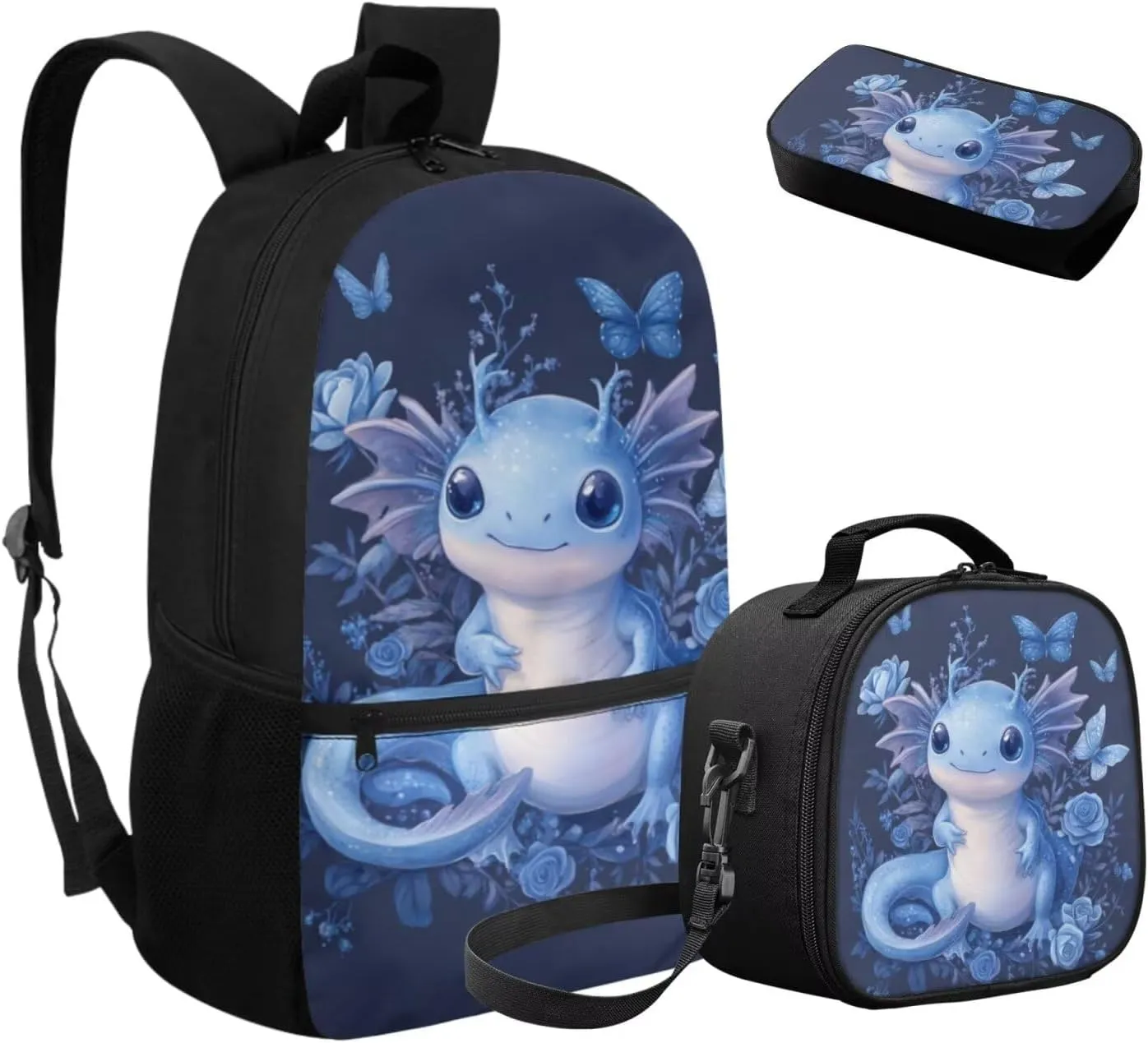Dolyues Blue Axolotl School Backpack Set  17 Inch Complete Kit with Adjustable Straps, Hidden Handle & Front Zipper Compartment, Includes Thermal Lunch Bag   Polyester Pencil Case