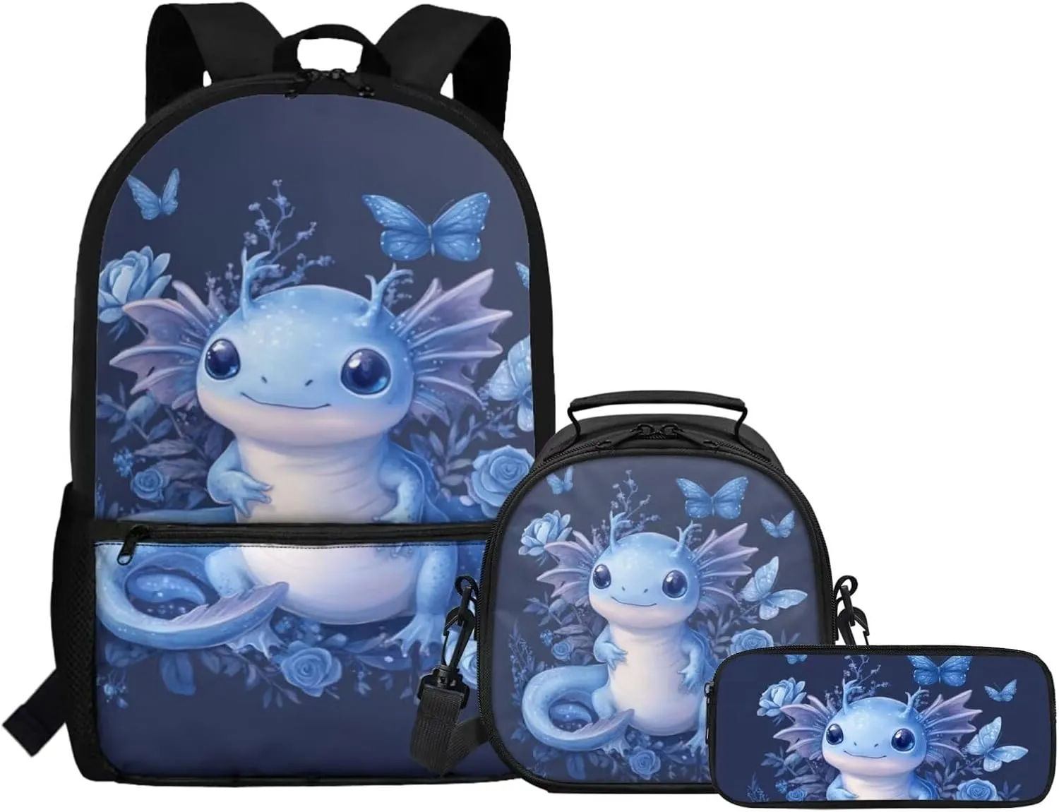 Dolyues Blue Axolotl School Backpack Set  17 Inch Complete Kit with Adjustable Straps, Hidden Handle & Front Zipper Compartment, Includes Thermal Lunch Bag   Polyester Pencil Case