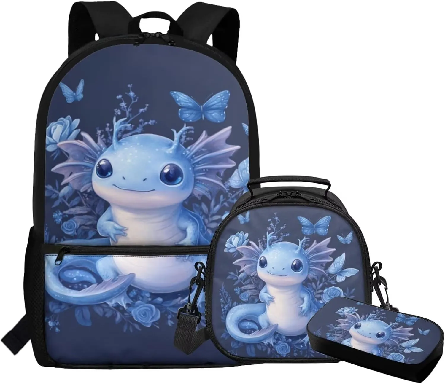 Dolyues Blue Axolotl School Backpack Set  17 Inch Complete Kit with Adjustable Straps, Hidden Handle & Front Zipper Compartment, Includes Thermal Lunch Bag   Polyester Pencil Case