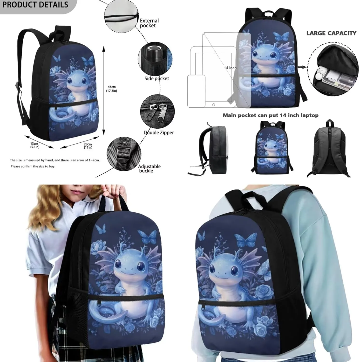 Dolyues Blue Axolotl School Backpack Set  17 Inch Complete Kit with Adjustable Straps, Hidden Handle & Front Zipper Compartment, Includes Thermal Lunch Bag   Polyester Pencil Case