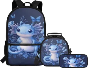 Dolyues Blue Axolotl School Backpack Set  17 Inch Complete Kit with Adjustable Straps, Hidden Handle & Front Zipper Compartment, Includes Thermal Lunch Bag   Polyester Pencil Case