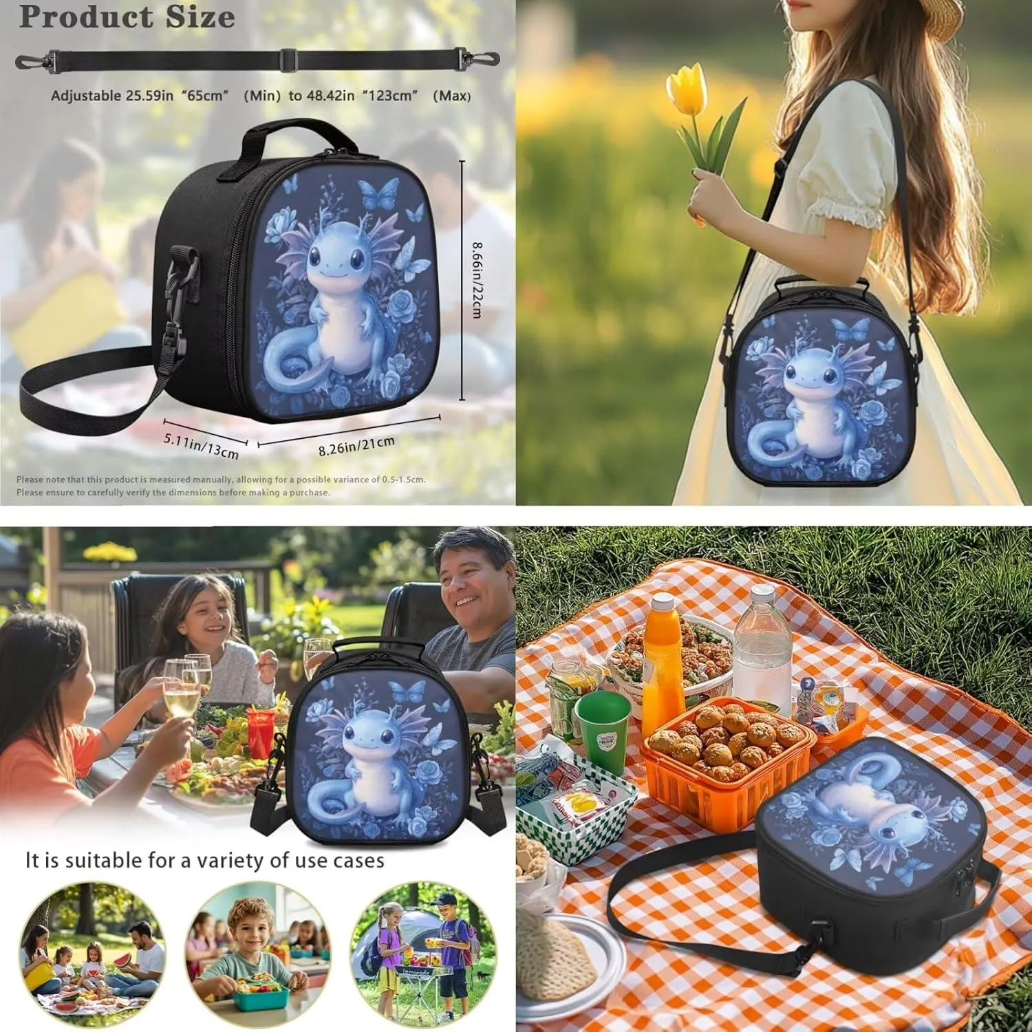 Dolyues Blue Axolotl School Backpack Set  17 Inch Complete Kit with Adjustable Straps, Hidden Handle & Front Zipper Compartment, Includes Thermal Lunch Bag   Polyester Pencil Case