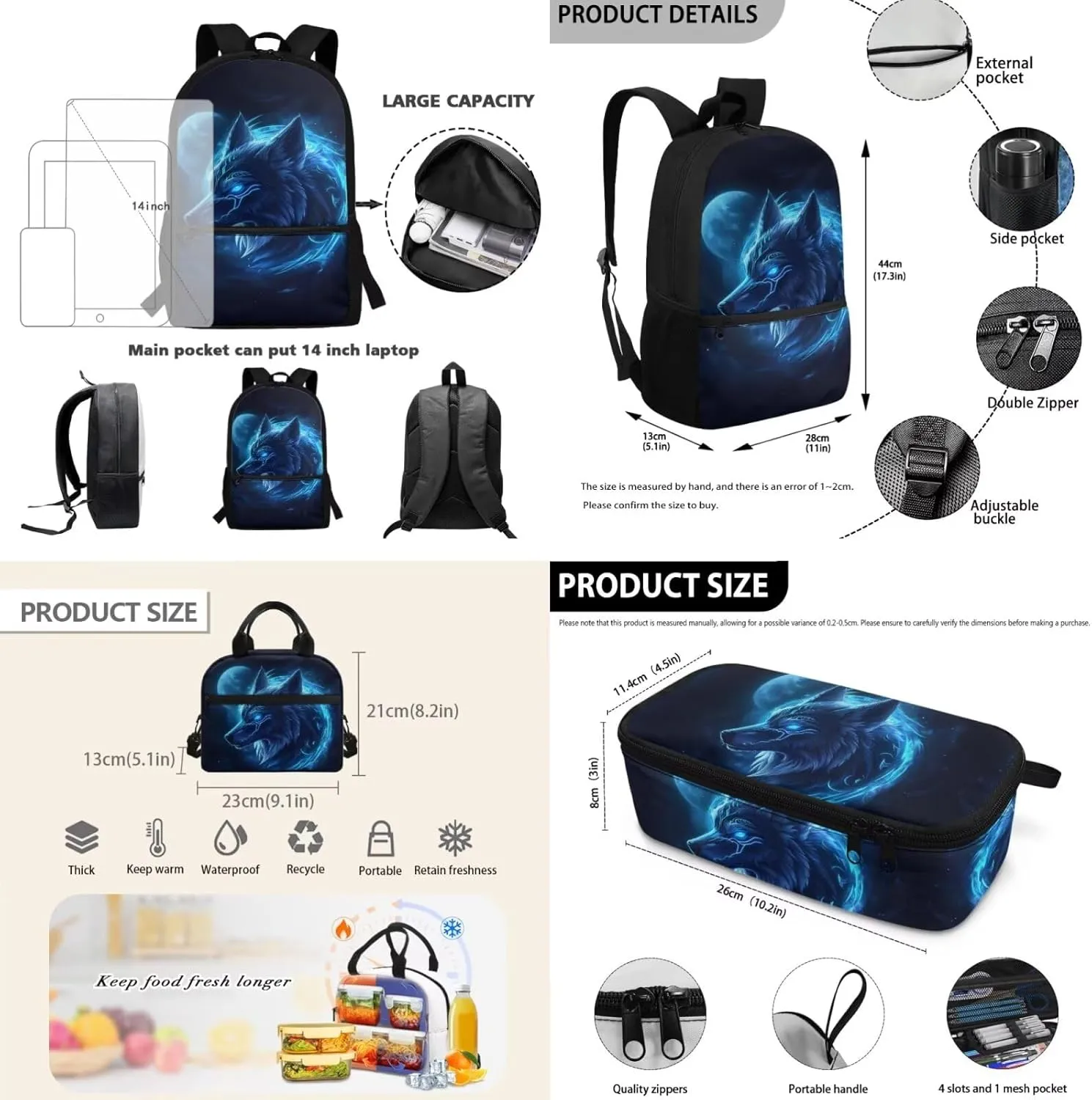 Dolyues Blue Wolf 17-Inch Boys Backpack Set with Insulated Lunch Box & Pencil Case - Boys Backpack 10-12 Years Old, Kindergarten Backpack for Boys, Lightweight School Bag for Elementary Students