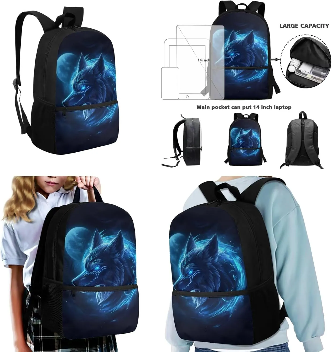 Dolyues Blue Wolf 17-Inch Boys Backpack Set with Insulated Lunch Box & Pencil Case - Boys Backpack 10-12 Years Old, Kindergarten Backpack for Boys, Lightweight School Bag for Elementary Students