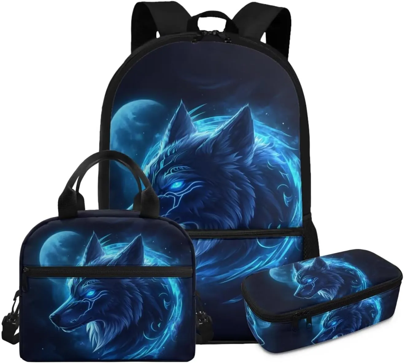 Dolyues Blue Wolf 17-Inch Boys Backpack Set with Insulated Lunch Box & Pencil Case - Boys Backpack 10-12 Years Old, Kindergarten Backpack for Boys, Lightweight School Bag for Elementary Students