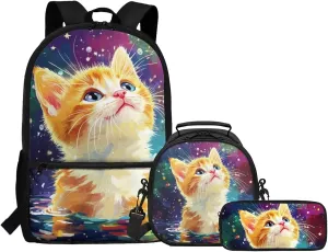 Dolyues Cat Girls School Backpack Set  17 Inch 3-Piece Bundle with Adjustable Shoulder Straps, Hidden Parent Handle & Front Zipper Pocket, Includes Insulated Lunch Bag   Polyester Pencil Case