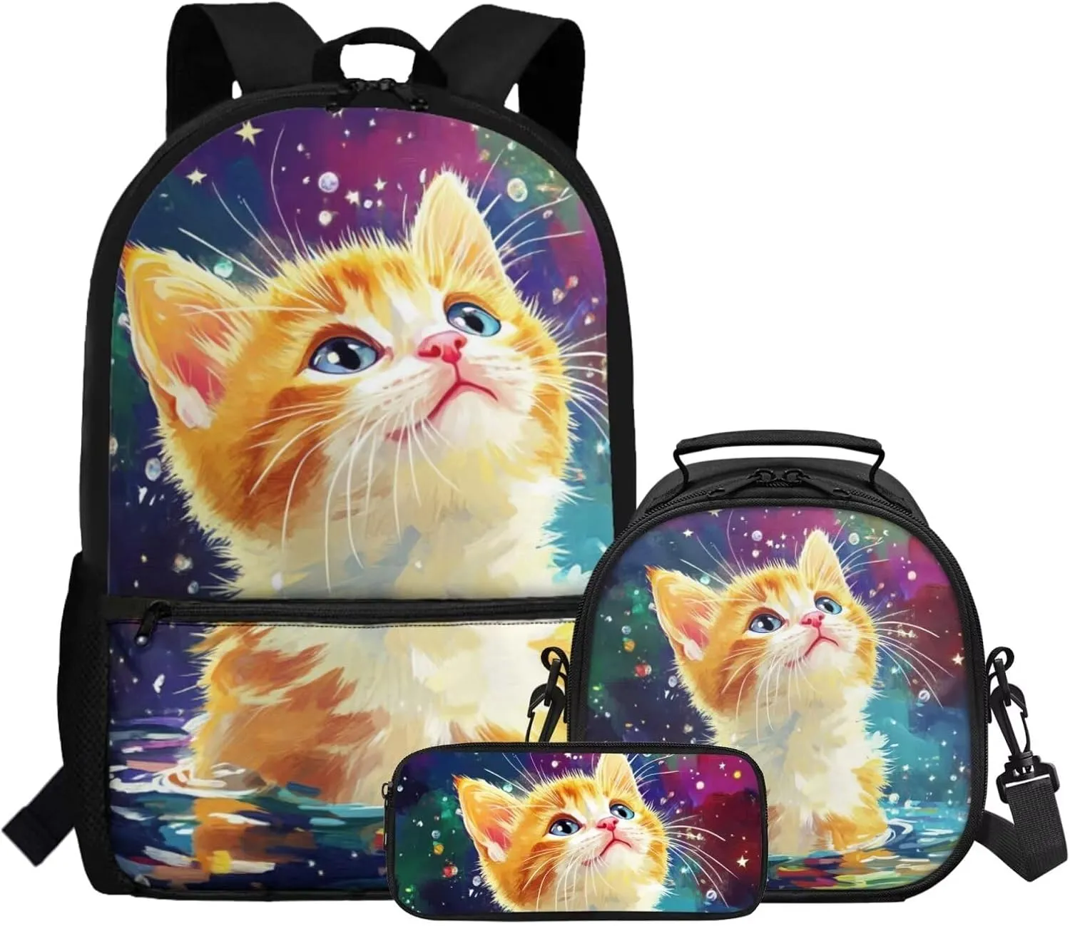 Dolyues Cat Girls School Backpack Set  17 Inch 3-Piece Bundle with Adjustable Shoulder Straps, Hidden Parent Handle & Front Zipper Pocket, Includes Insulated Lunch Bag   Polyester Pencil Case