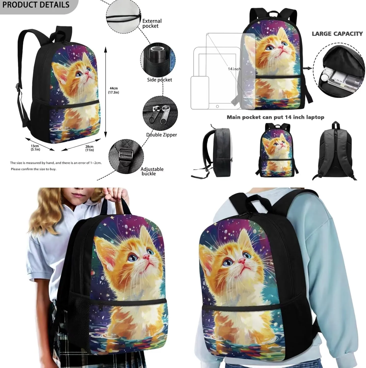 Dolyues Cat Girls School Backpack Set  17 Inch 3-Piece Bundle with Adjustable Shoulder Straps, Hidden Parent Handle & Front Zipper Pocket, Includes Insulated Lunch Bag   Polyester Pencil Case