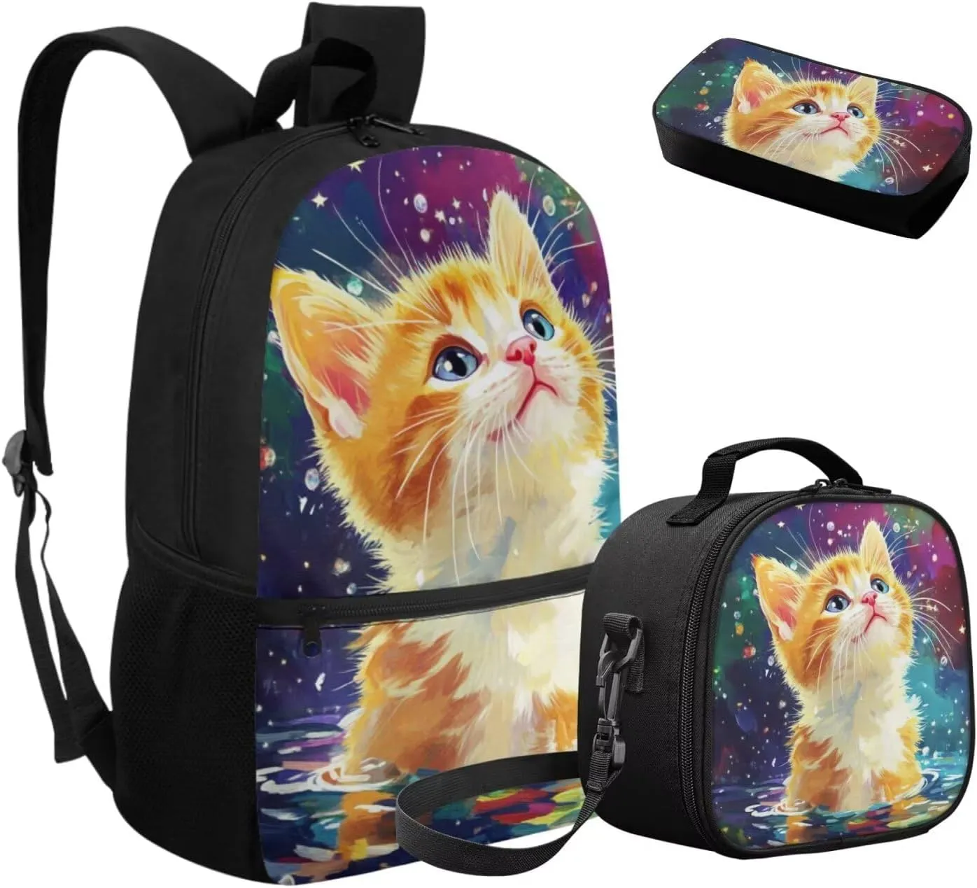 Dolyues Cat Girls School Backpack Set  17 Inch 3-Piece Bundle with Adjustable Shoulder Straps, Hidden Parent Handle & Front Zipper Pocket, Includes Insulated Lunch Bag   Polyester Pencil Case