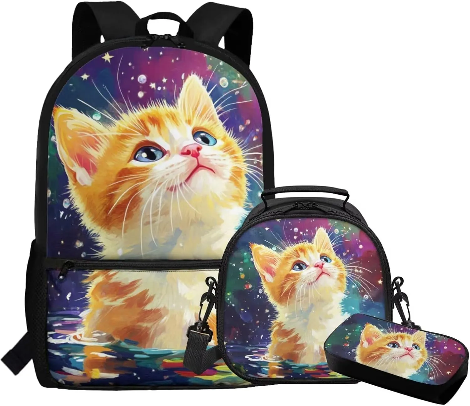 Dolyues Cat Girls School Backpack Set  17 Inch 3-Piece Bundle with Adjustable Shoulder Straps, Hidden Parent Handle & Front Zipper Pocket, Includes Insulated Lunch Bag   Polyester Pencil Case