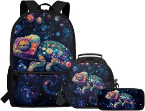 Dolyues Chameleon Backpack Bundle for Boys  Complete 3-Piece Set with Adjustable Bookbag, Insulated Lunch Tote & Zippered Pencil Pouch, Perfect for School, Travel, Day Trips