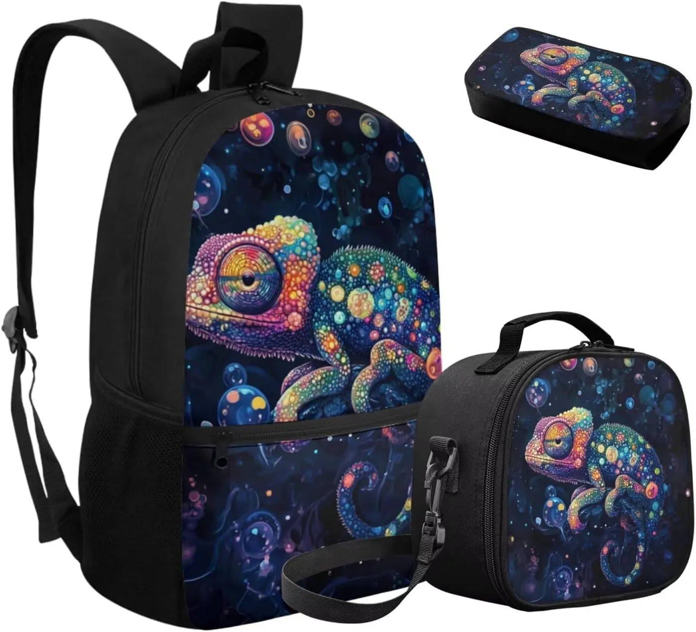 Dolyues Chameleon Backpack Bundle for Boys  Complete 3-Piece Set with Adjustable Bookbag, Insulated Lunch Tote & Zippered Pencil Pouch, Perfect for School, Travel, Day Trips