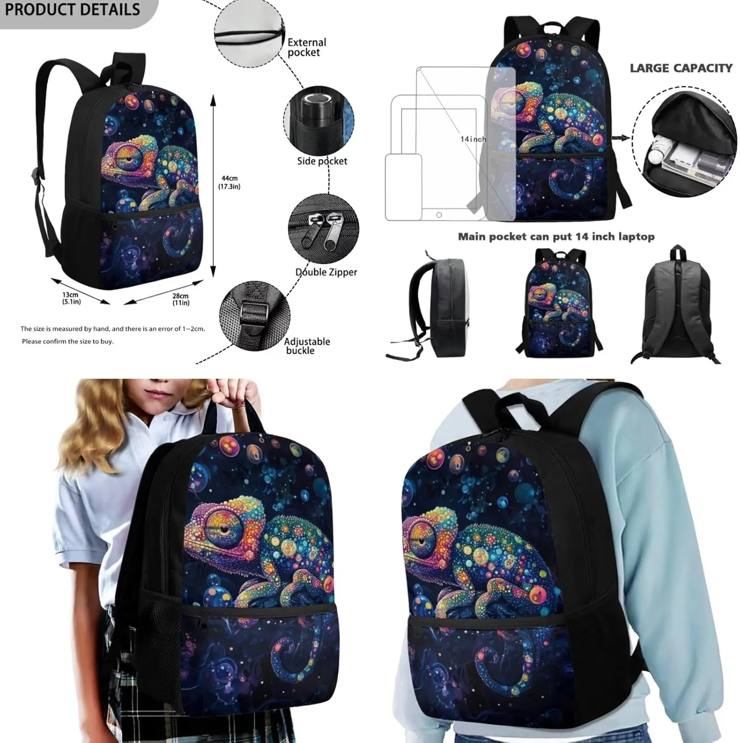 Dolyues Chameleon Backpack Bundle for Boys  Complete 3-Piece Set with Adjustable Bookbag, Insulated Lunch Tote & Zippered Pencil Pouch, Perfect for School, Travel, Day Trips
