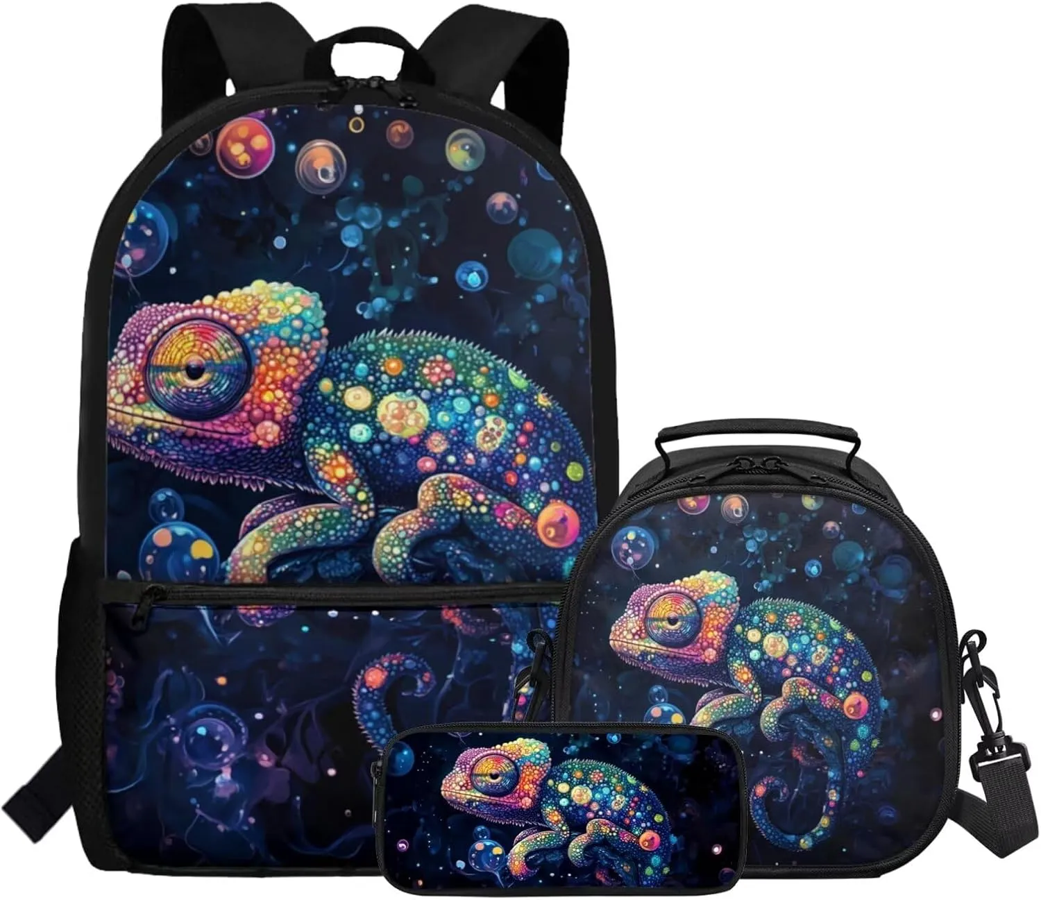 Dolyues Chameleon Backpack Bundle for Boys  Complete 3-Piece Set with Adjustable Bookbag, Insulated Lunch Tote & Zippered Pencil Pouch, Perfect for School, Travel, Day Trips