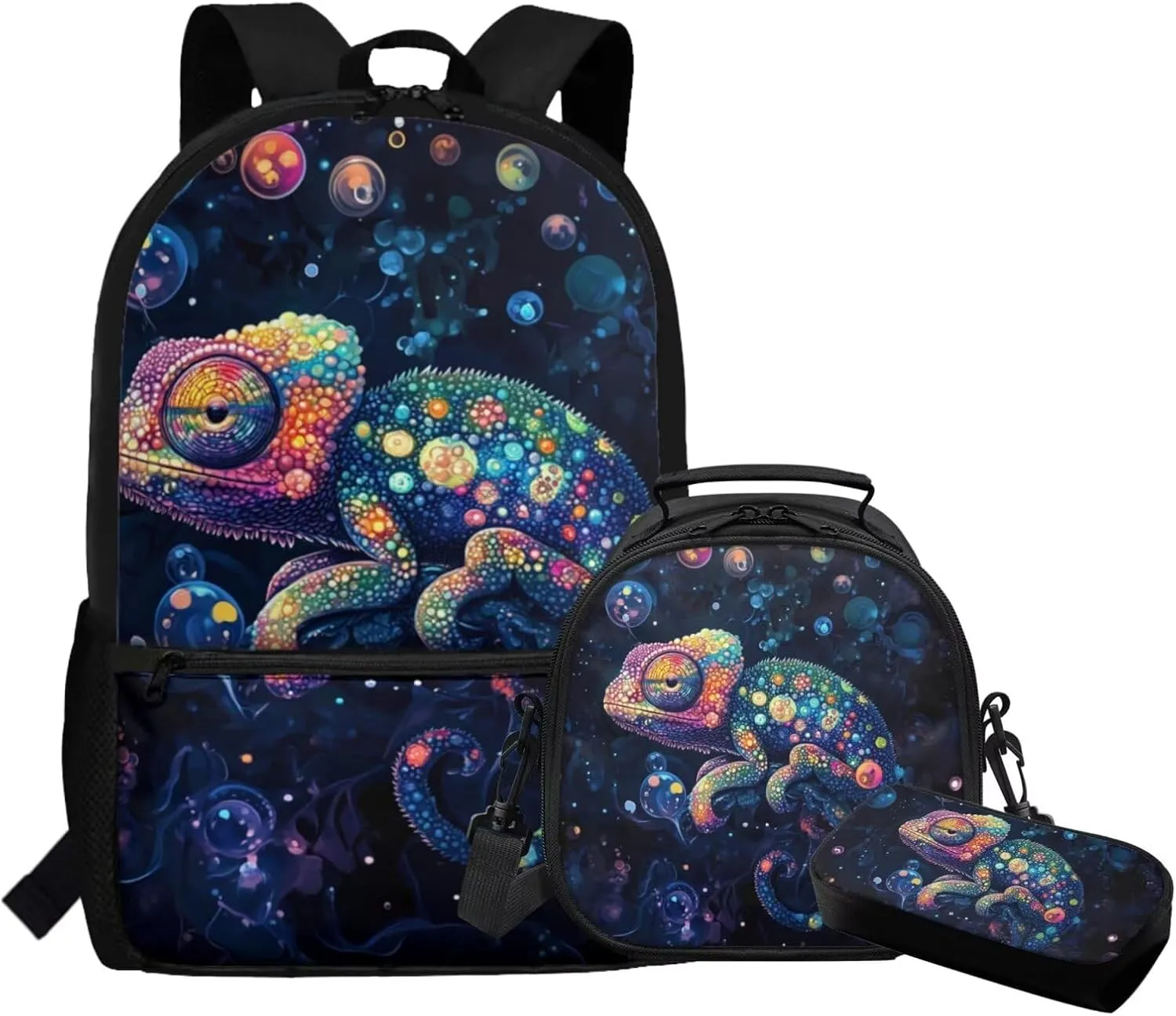Dolyues Chameleon Backpack Bundle for Boys  Complete 3-Piece Set with Adjustable Bookbag, Insulated Lunch Tote & Zippered Pencil Pouch, Perfect for School, Travel, Day Trips