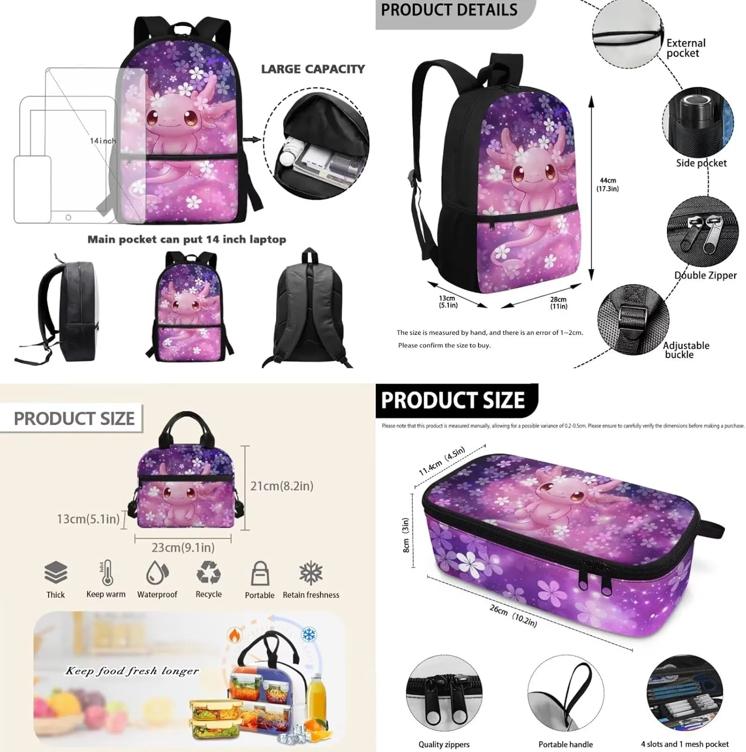 Dolyues Cherry Blossom Axolotl Kids Bookbag Set Cute 17-Inch Kids Backpack with Lunch Box, Insulated Lunch Bag & Pencil Pouch, Perfect for School, Travel, and Playdates