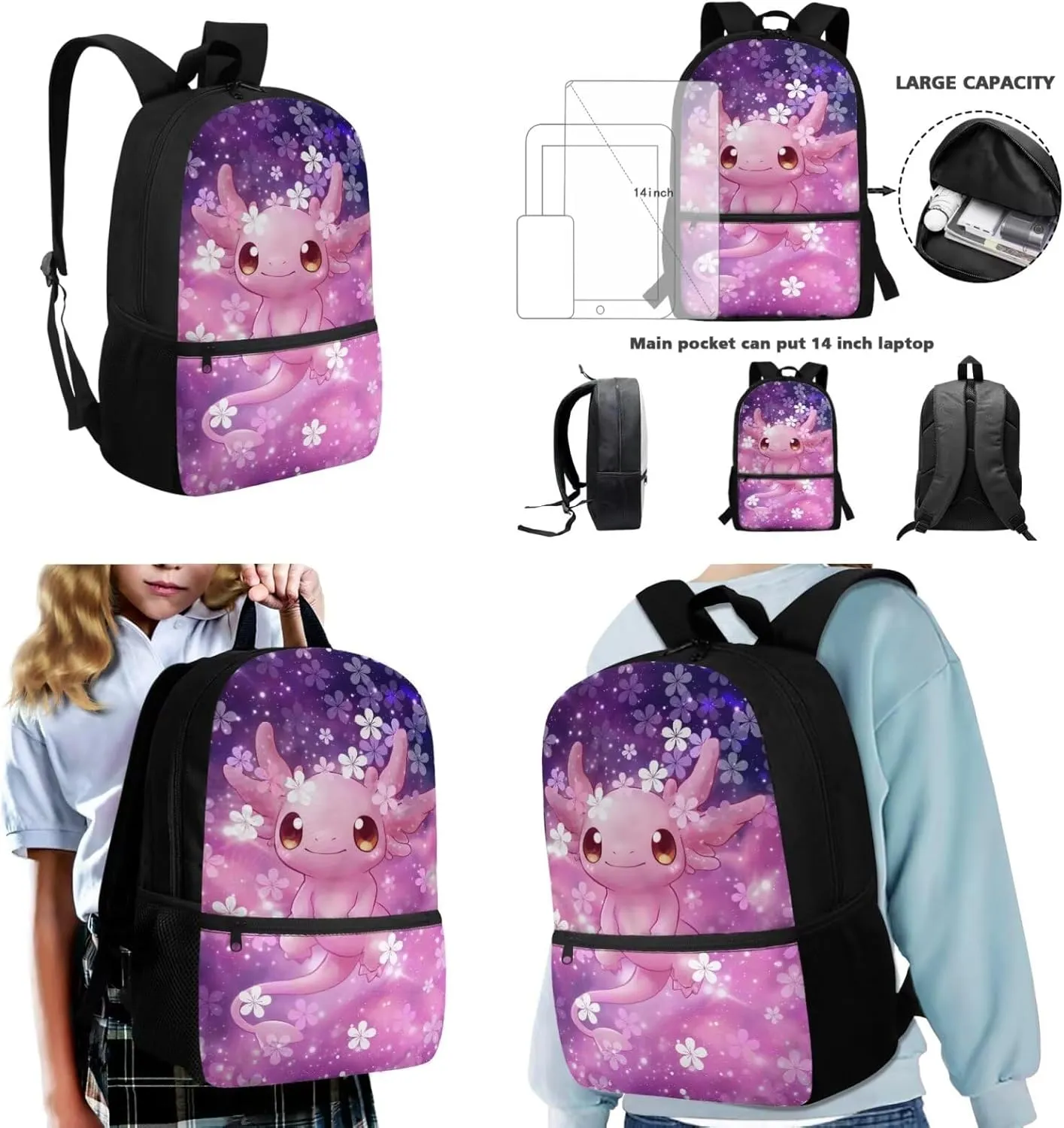 Dolyues Cherry Blossom Axolotl Kids Bookbag Set Cute 17-Inch Kids Backpack with Lunch Box, Insulated Lunch Bag & Pencil Pouch, Perfect for School, Travel, and Playdates