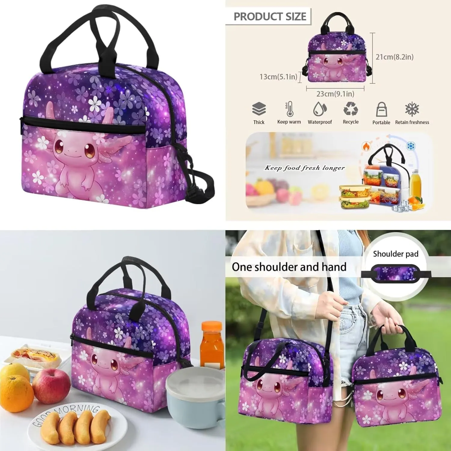 Dolyues Cherry Blossom Axolotl Kids Bookbag Set Cute 17-Inch Kids Backpack with Lunch Box, Insulated Lunch Bag & Pencil Pouch, Perfect for School, Travel, and Playdates