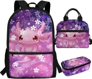 Dolyues Cherry Blossom Axolotl Kids Bookbag Set Cute 17-Inch Kids Backpack with Lunch Box, Insulated Lunch Bag & Pencil Pouch, Perfect for School, Travel, and Playdates