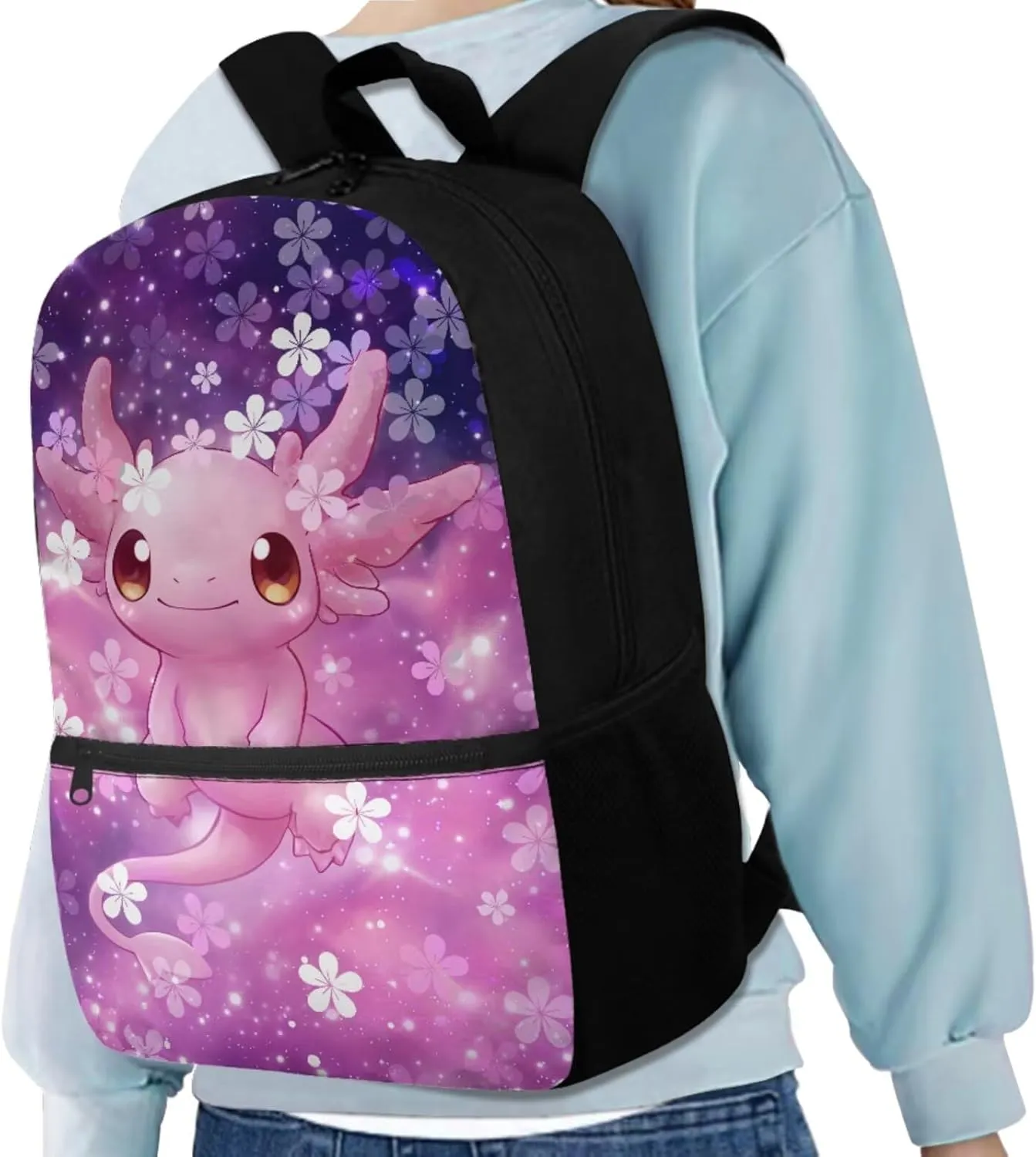 Dolyues Cherry Blossom Axolotl Kids Bookbag Set Cute 17-Inch Kids Backpack with Lunch Box, Insulated Lunch Bag & Pencil Pouch, Perfect for School, Travel, and Playdates