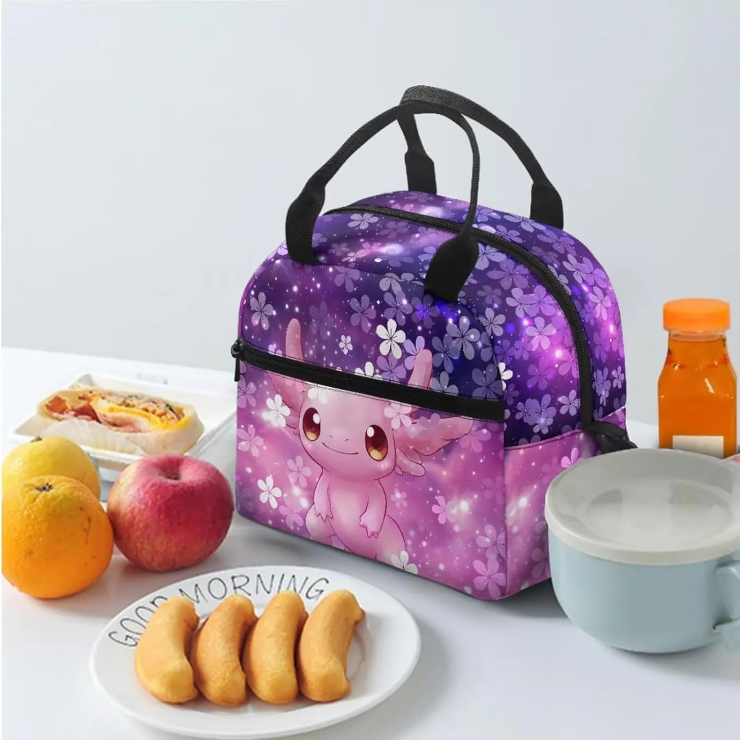 Dolyues Cherry Blossom Axolotl Kids Bookbag Set Cute 17-Inch Kids Backpack with Lunch Box, Insulated Lunch Bag & Pencil Pouch, Perfect for School, Travel, and Playdates
