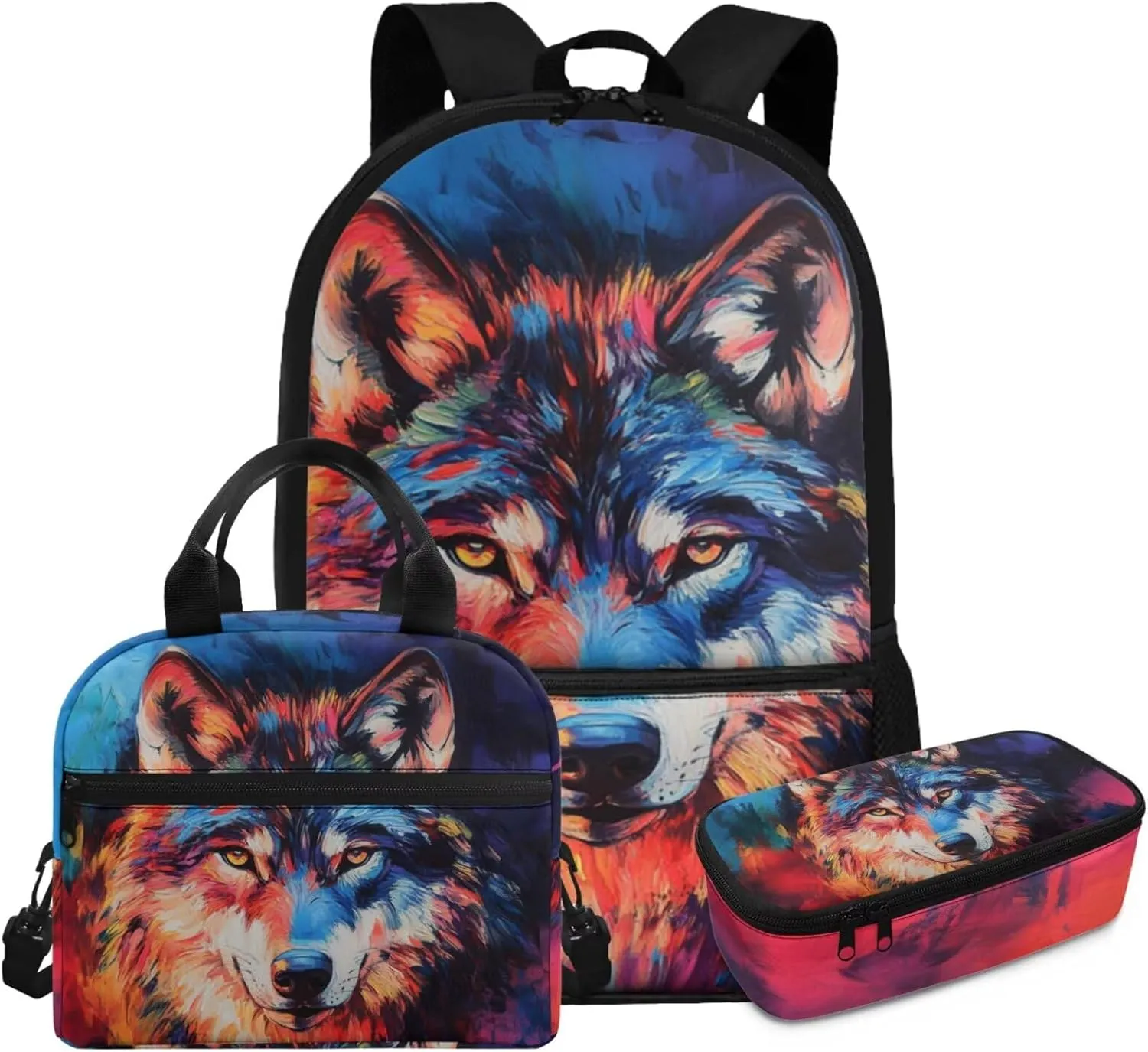 Dolyues Cool Wolf Backpack for Kids 3-Piece Set: 17-Inch Boys Backpack with Lunch Box, Insulated Food Bag & Pencil Pouch - Kids Bookbag for School, Hiking, Camping, and Daily Use (Ages 5-12)