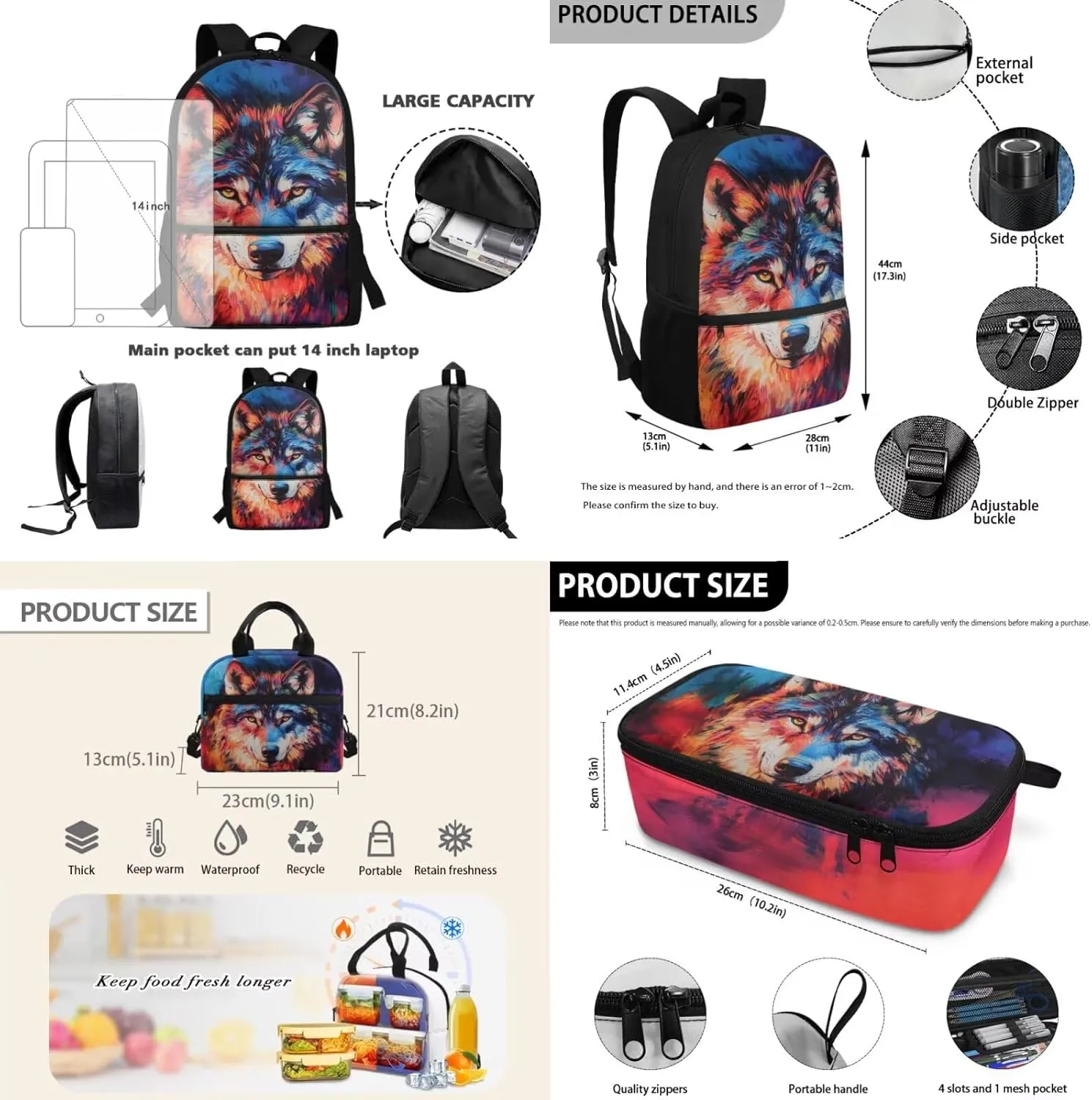 Dolyues Cool Wolf Backpack for Kids 3-Piece Set: 17-Inch Boys Backpack with Lunch Box, Insulated Food Bag & Pencil Pouch - Kids Bookbag for School, Hiking, Camping, and Daily Use (Ages 5-12)
