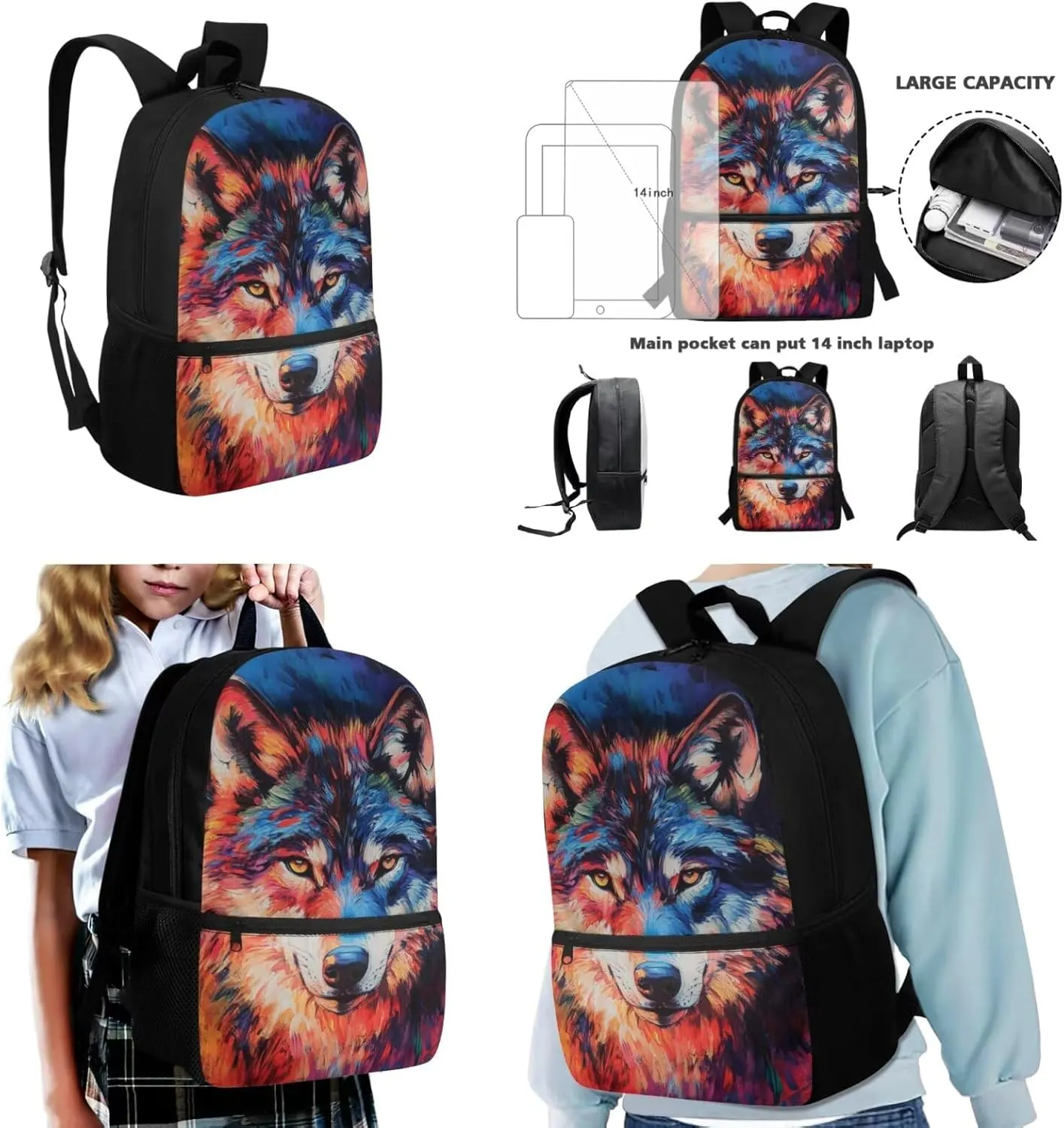 Dolyues Cool Wolf Backpack for Kids 3-Piece Set: 17-Inch Boys Backpack with Lunch Box, Insulated Food Bag & Pencil Pouch - Kids Bookbag for School, Hiking, Camping, and Daily Use (Ages 5-12)