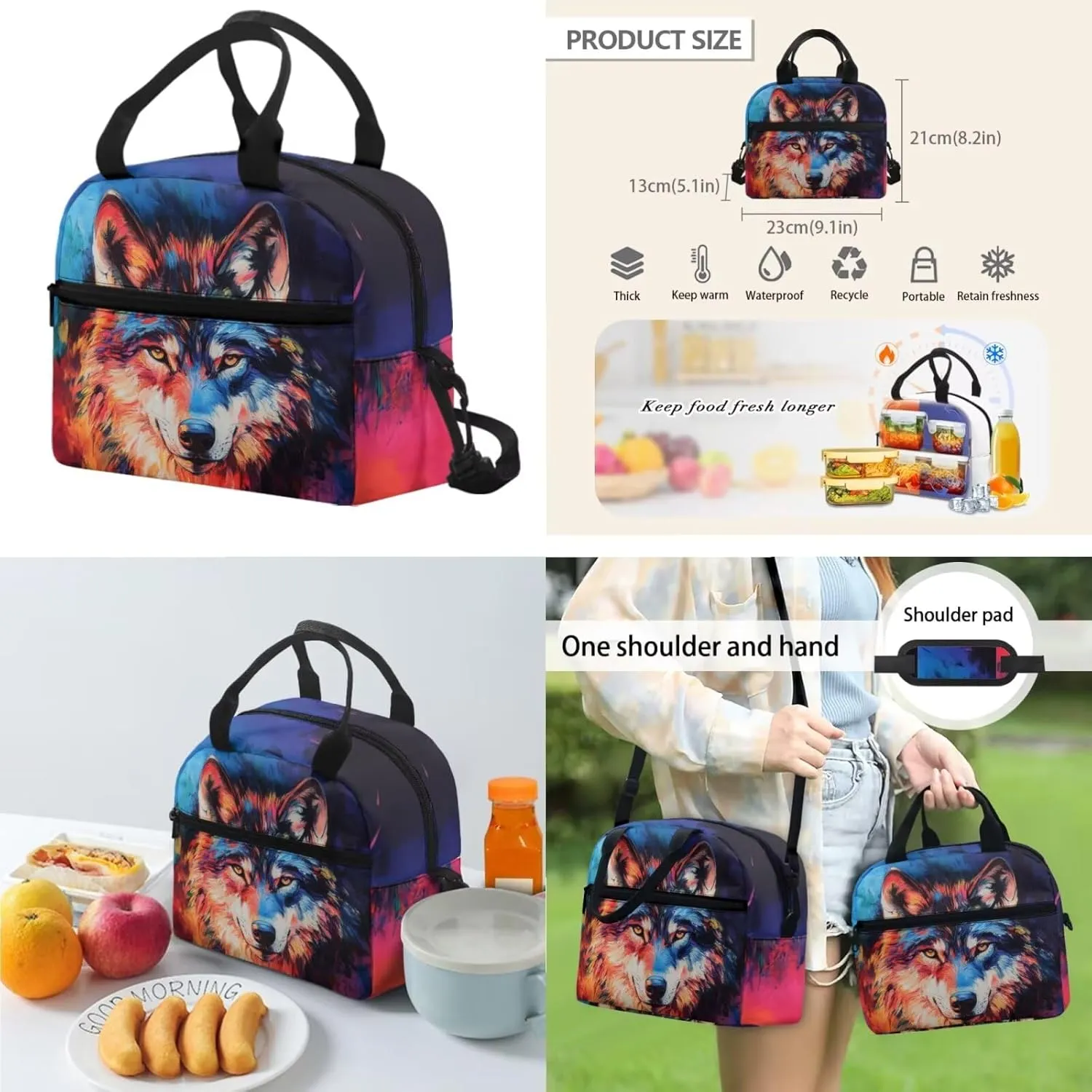 Dolyues Cool Wolf Backpack for Kids 3-Piece Set: 17-Inch Boys Backpack with Lunch Box, Insulated Food Bag & Pencil Pouch - Kids Bookbag for School, Hiking, Camping, and Daily Use (Ages 5-12)