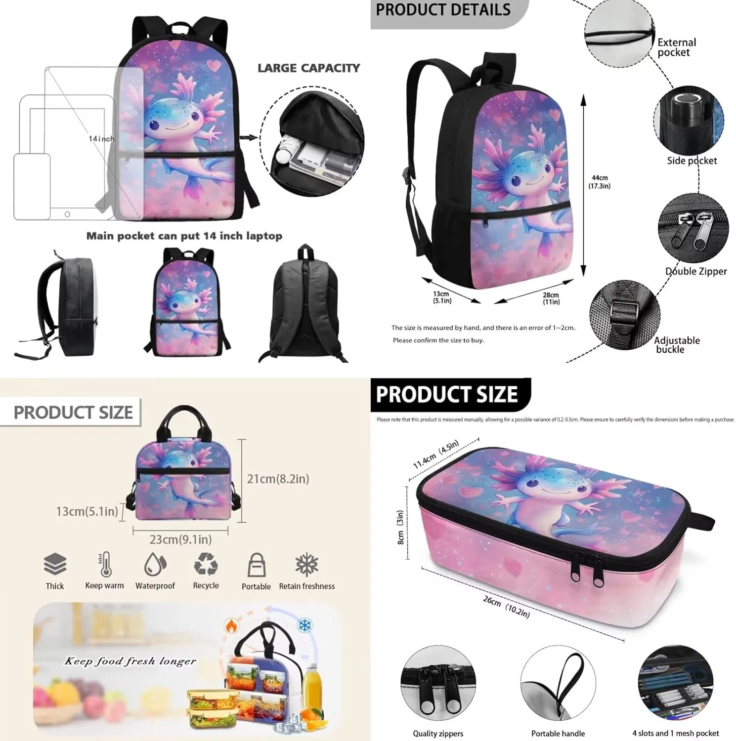 Dolyues Cute Axolotl 17-Inch Backpack for Kids Set - Cute Kids Backpack with Lunch Box, Insulated Lunch Bag & Pencil Pouch, Perfect for School, Travel, and Outdoor Adventures
