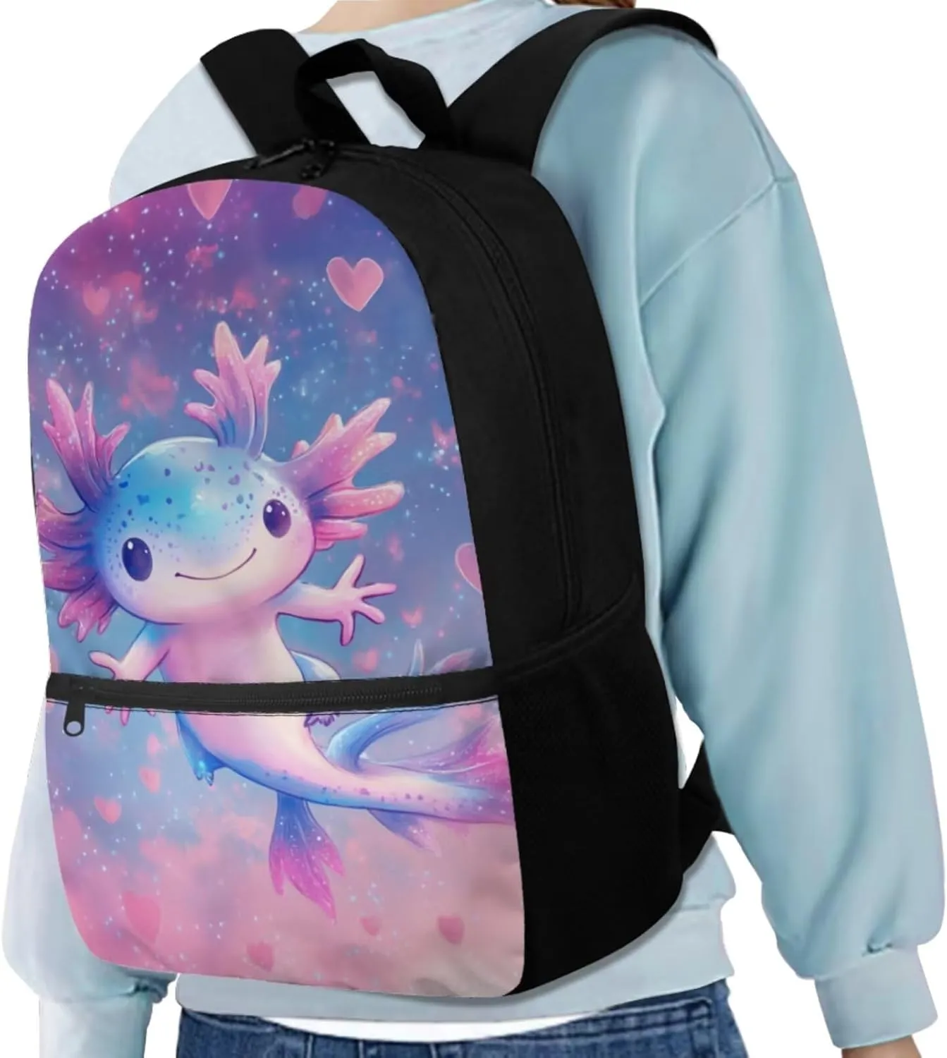 Dolyues Cute Axolotl 17-Inch Backpack for Kids Set - Cute Kids Backpack with Lunch Box, Insulated Lunch Bag & Pencil Pouch, Perfect for School, Travel, and Outdoor Adventures