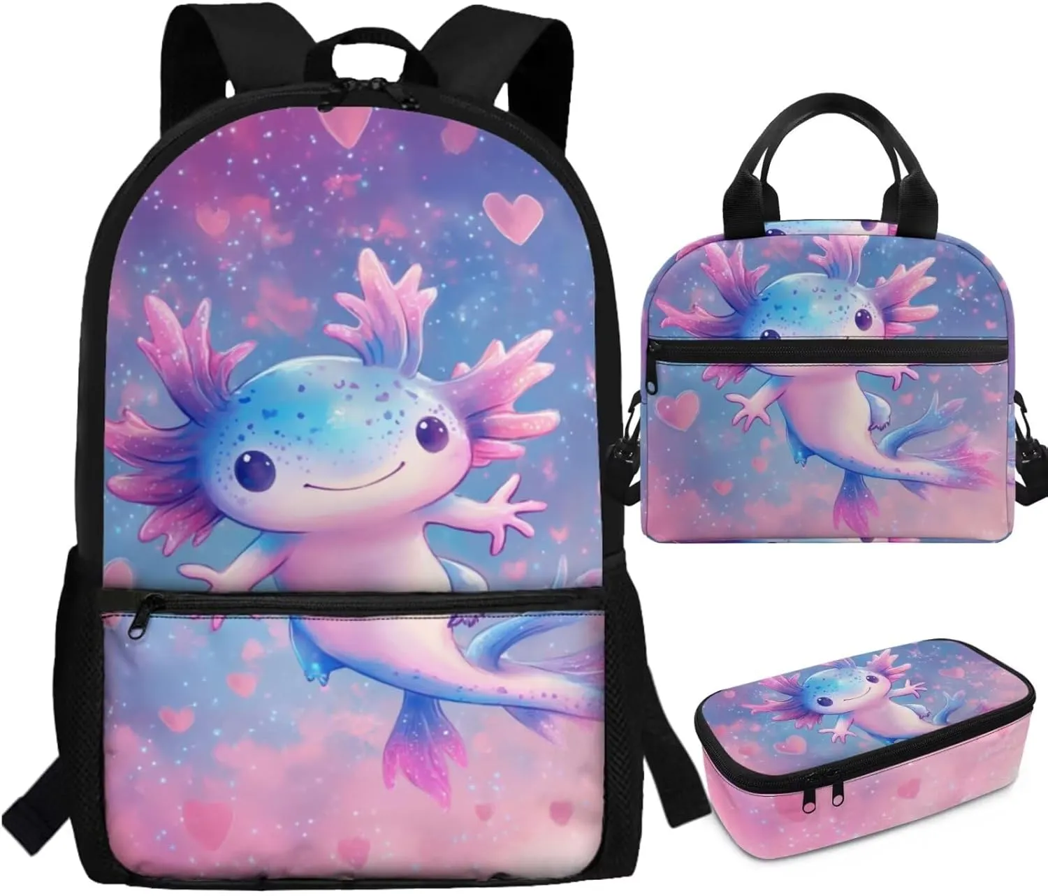 Dolyues Cute Axolotl 17-Inch Backpack for Kids Set - Cute Kids Backpack with Lunch Box, Insulated Lunch Bag & Pencil Pouch, Perfect for School, Travel, and Outdoor Adventures