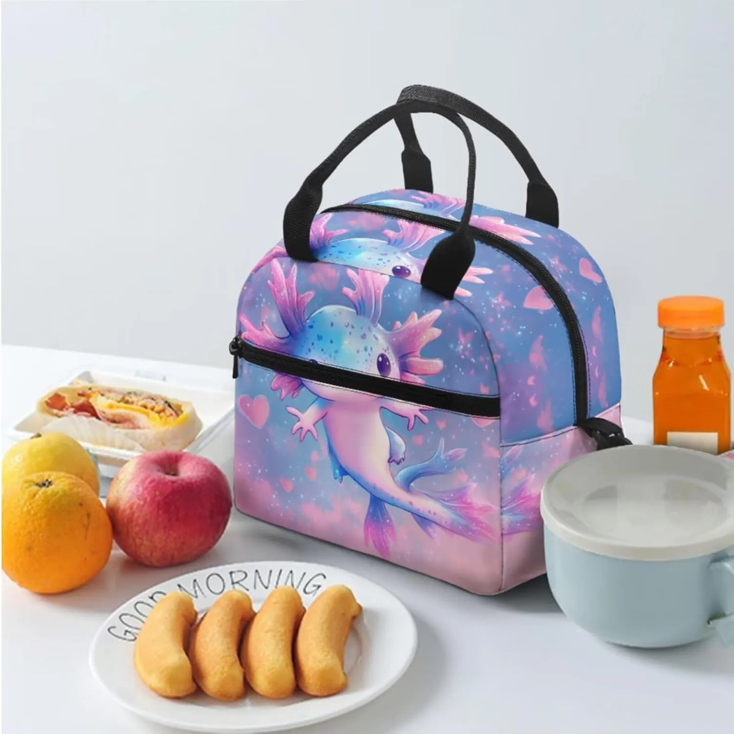 Dolyues Cute Axolotl 17-Inch Backpack for Kids Set - Cute Kids Backpack with Lunch Box, Insulated Lunch Bag & Pencil Pouch, Perfect for School, Travel, and Outdoor Adventures