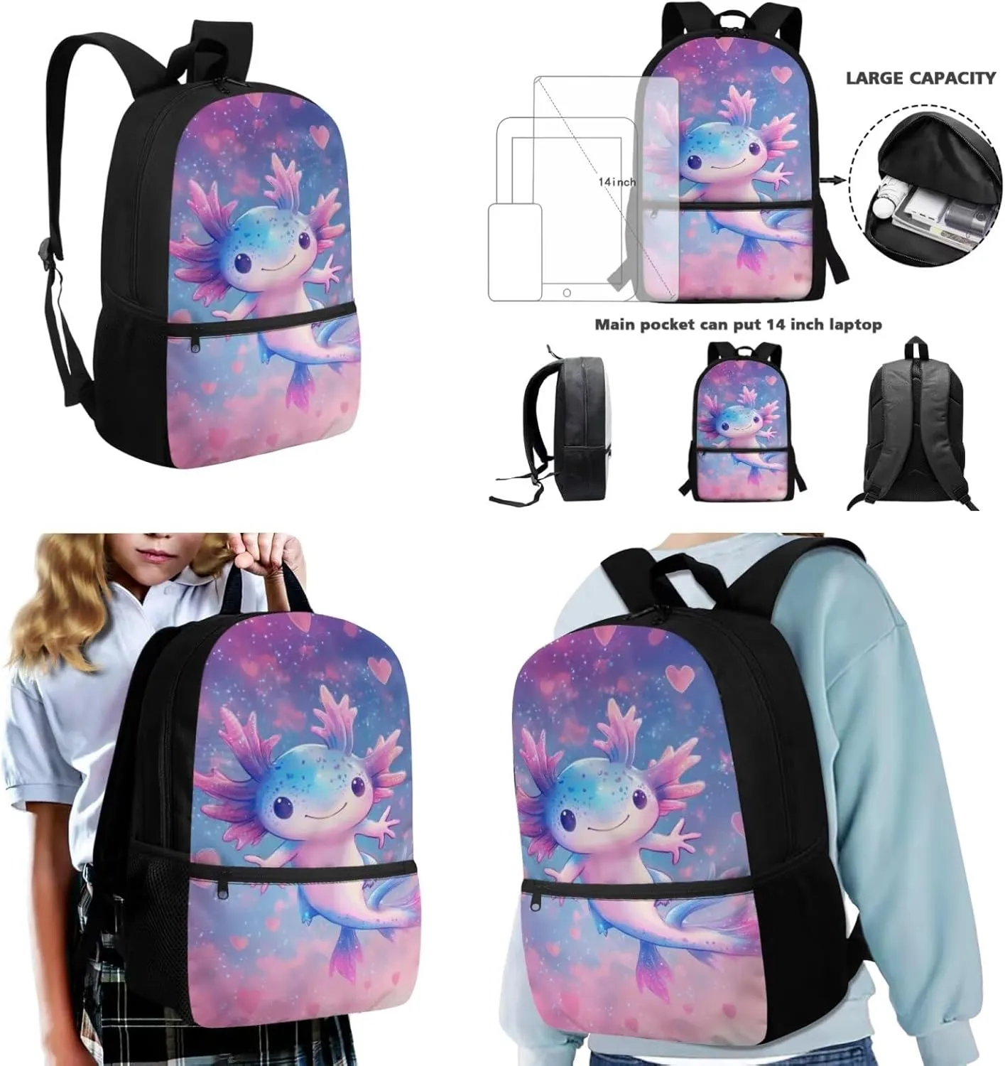 Dolyues Cute Axolotl 17-Inch Backpack for Kids Set - Cute Kids Backpack with Lunch Box, Insulated Lunch Bag & Pencil Pouch, Perfect for School, Travel, and Outdoor Adventures