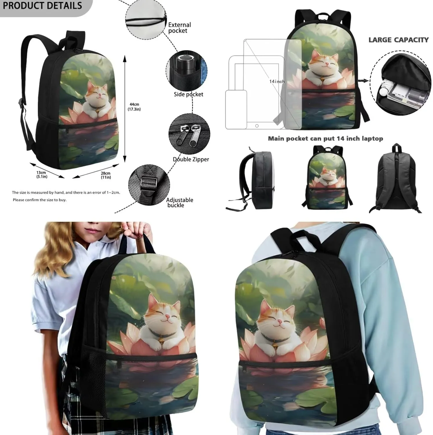 Dolyues Cute Cat Kids Backpack with Insulated Lunch Bag  17 Inch 3-Piece Set with Adjustable Shoulder Straps, Hidden Parent Handle & Front Pocket, Includes Polyester Pencil Case for School, Travel