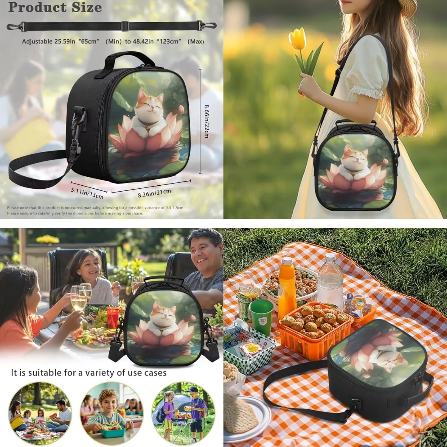 Dolyues Cute Cat Kids Backpack with Insulated Lunch Bag  17 Inch 3-Piece Set with Adjustable Shoulder Straps, Hidden Parent Handle & Front Pocket, Includes Polyester Pencil Case for School, Travel