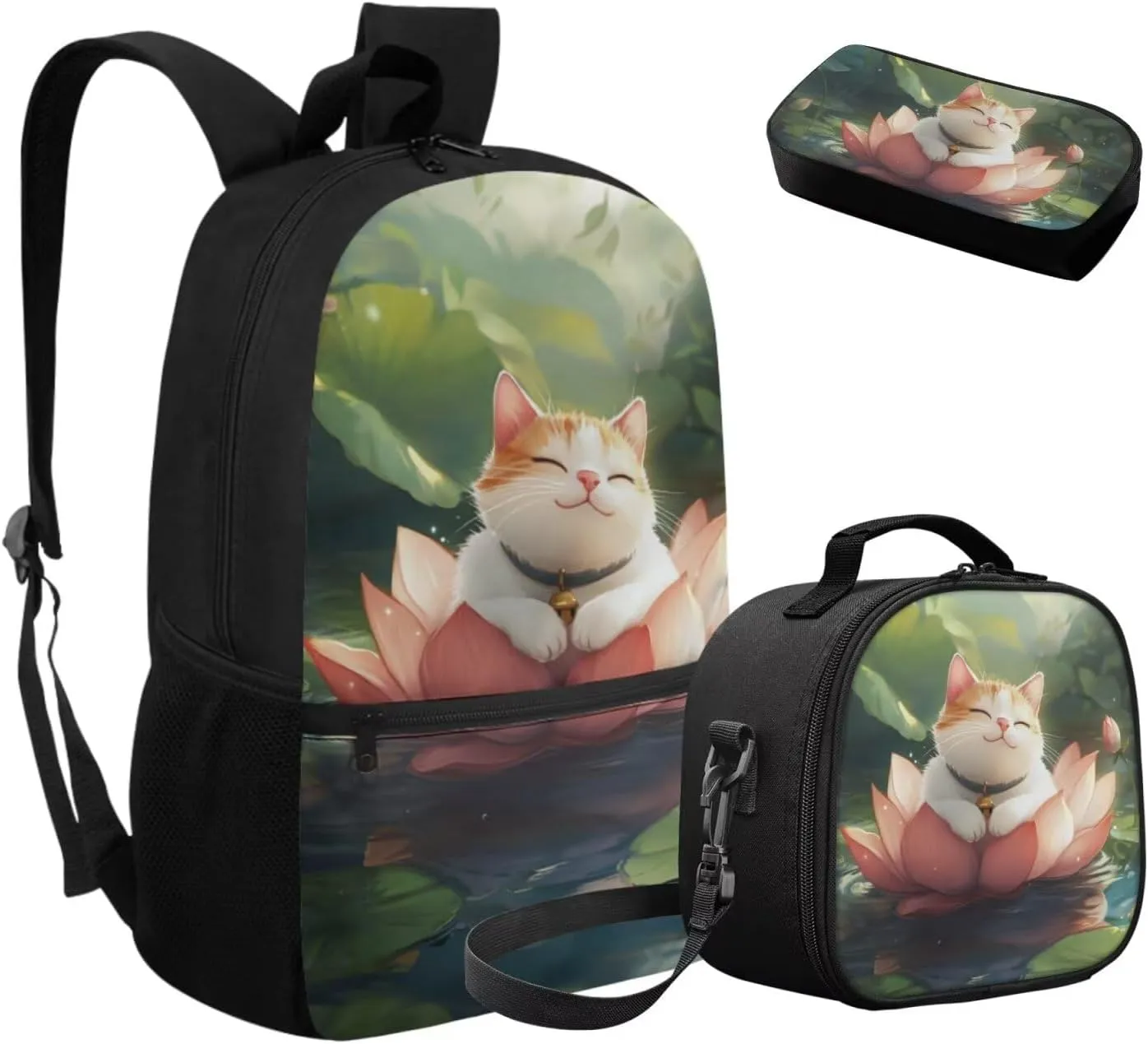 Dolyues Cute Cat Kids Backpack with Insulated Lunch Bag  17 Inch 3-Piece Set with Adjustable Shoulder Straps, Hidden Parent Handle & Front Pocket, Includes Polyester Pencil Case for School, Travel