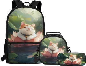 Dolyues Cute Cat Kids Backpack with Insulated Lunch Bag  17 Inch 3-Piece Set with Adjustable Shoulder Straps, Hidden Parent Handle & Front Pocket, Includes Polyester Pencil Case for School, Travel