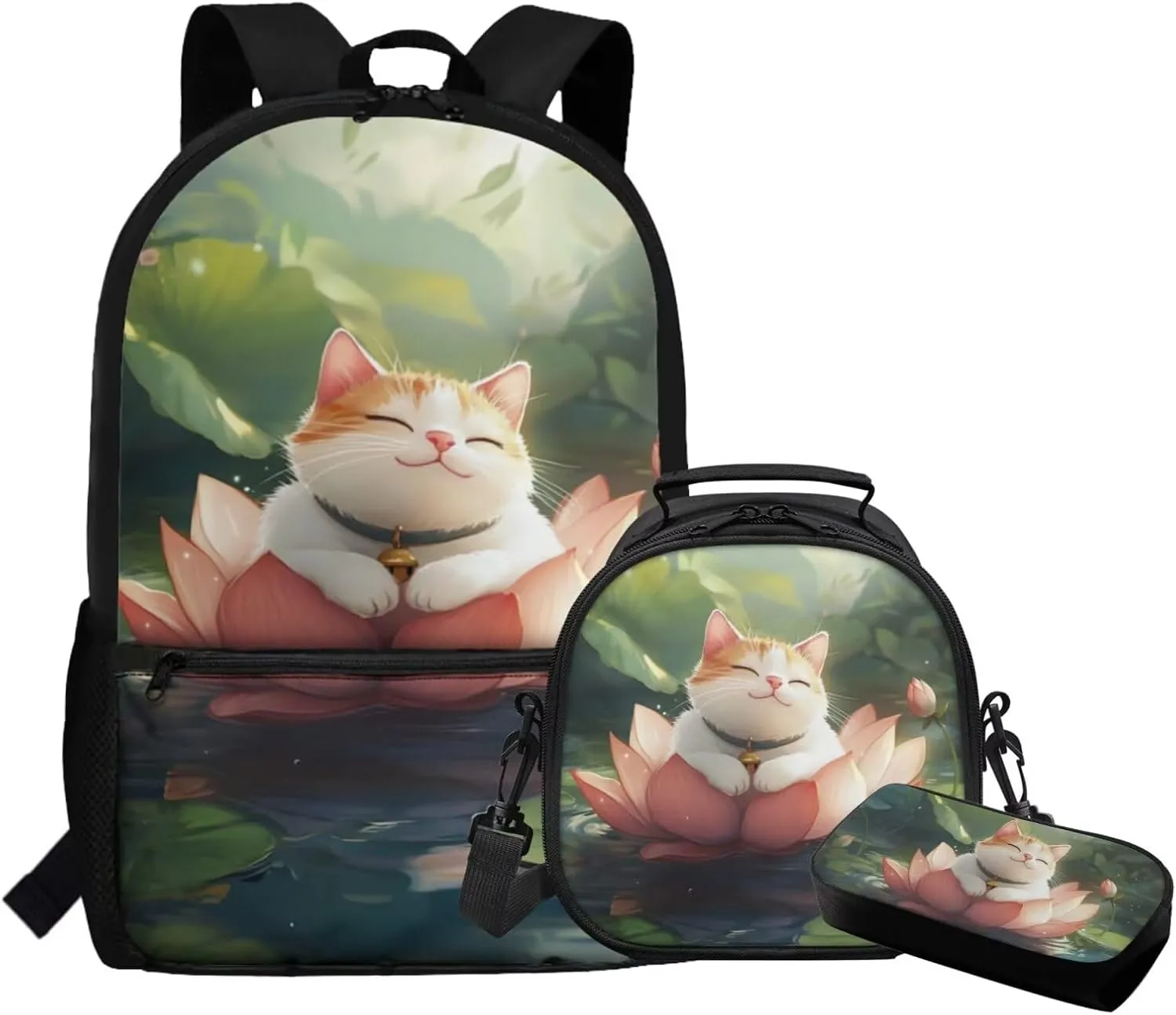 Dolyues Cute Cat Kids Backpack with Insulated Lunch Bag  17 Inch 3-Piece Set with Adjustable Shoulder Straps, Hidden Parent Handle & Front Pocket, Includes Polyester Pencil Case for School, Travel