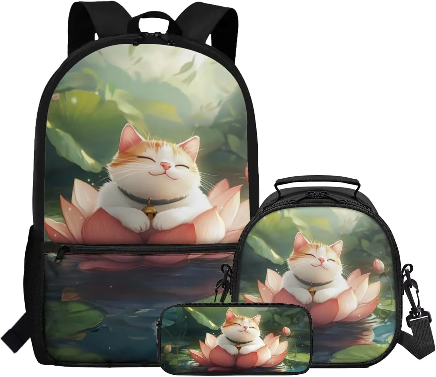 Dolyues Cute Cat Kids Backpack with Insulated Lunch Bag  17 Inch 3-Piece Set with Adjustable Shoulder Straps, Hidden Parent Handle & Front Pocket, Includes Polyester Pencil Case for School, Travel