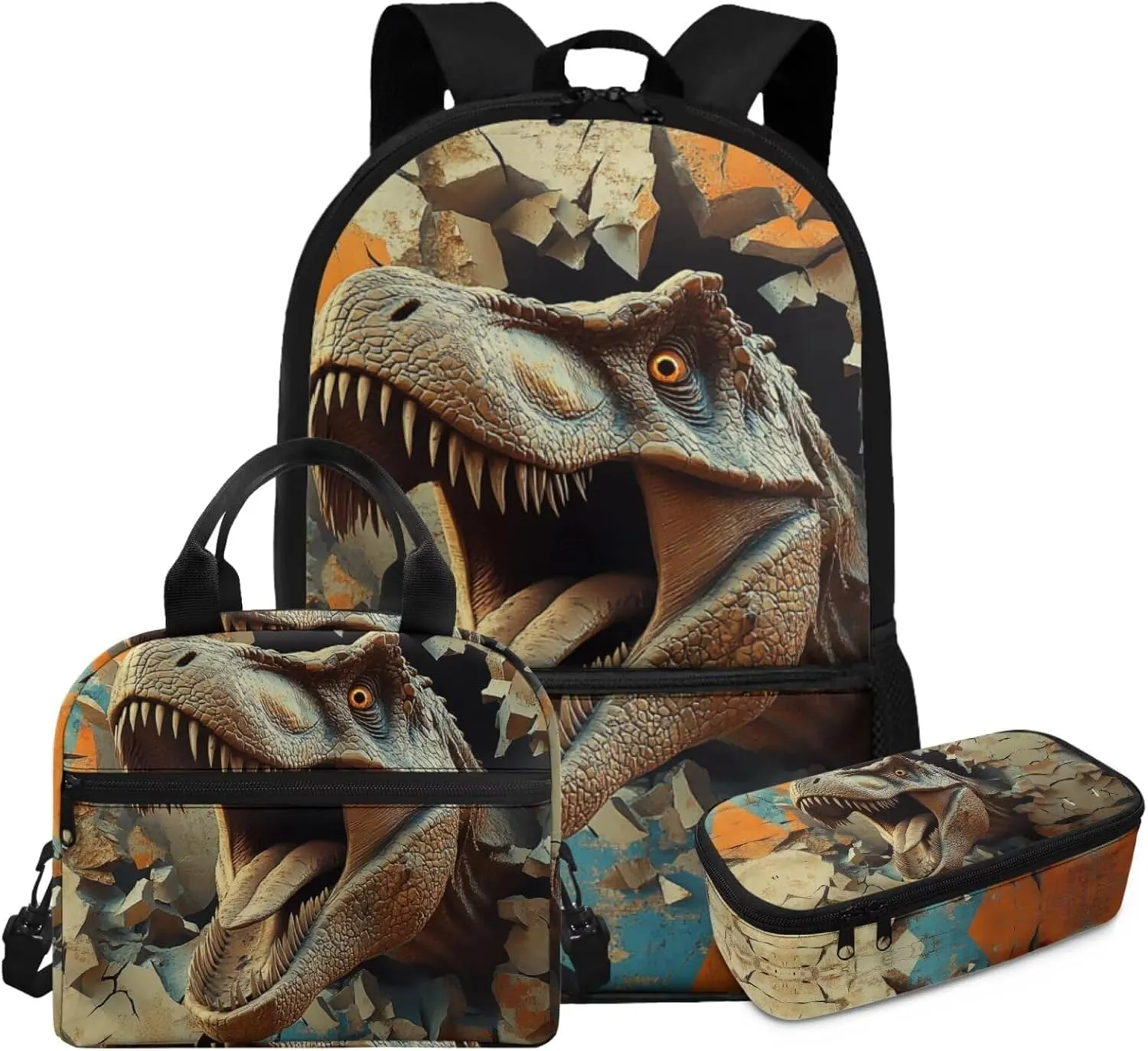 Dolyues Dinosaur Boys Backpack 3-Piece Set: 17-Inch Backpack for Kids with Insulated Lunch Box & Pencil Case - Kindergarten Backpack for Boys, School Bag for Ages 5-12, Outdoor-Ready Design