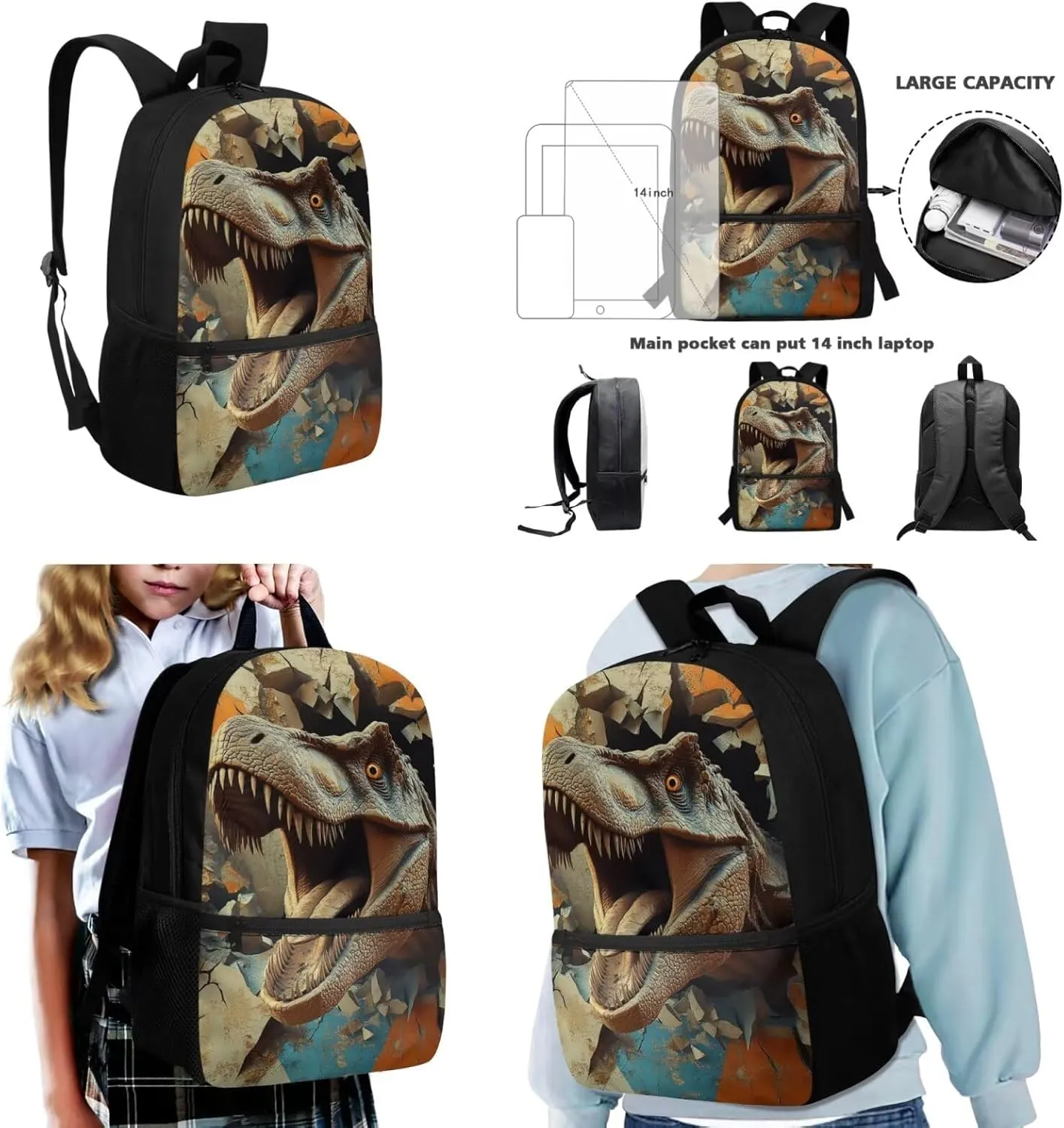 Dolyues Dinosaur Boys Backpack 3-Piece Set: 17-Inch Backpack for Kids with Insulated Lunch Box & Pencil Case - Kindergarten Backpack for Boys, School Bag for Ages 5-12, Outdoor-Ready Design
