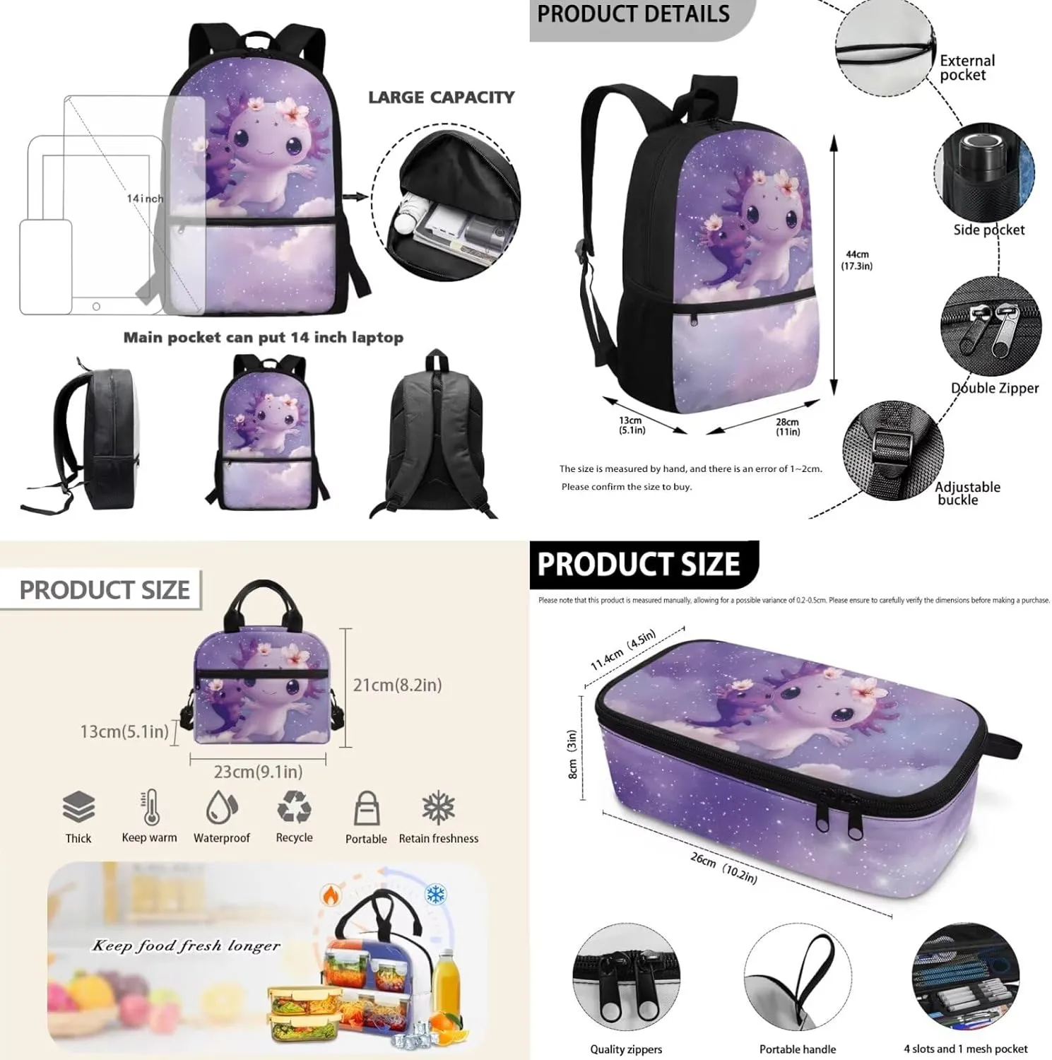 Dolyues Galaxy Axolotl 17-Inch School Bag for Girls - Kids Backpack with Lunch Box Set, Includes Insulated Lunch Bag & Pencil Case, Perfect for School and Family Adventures