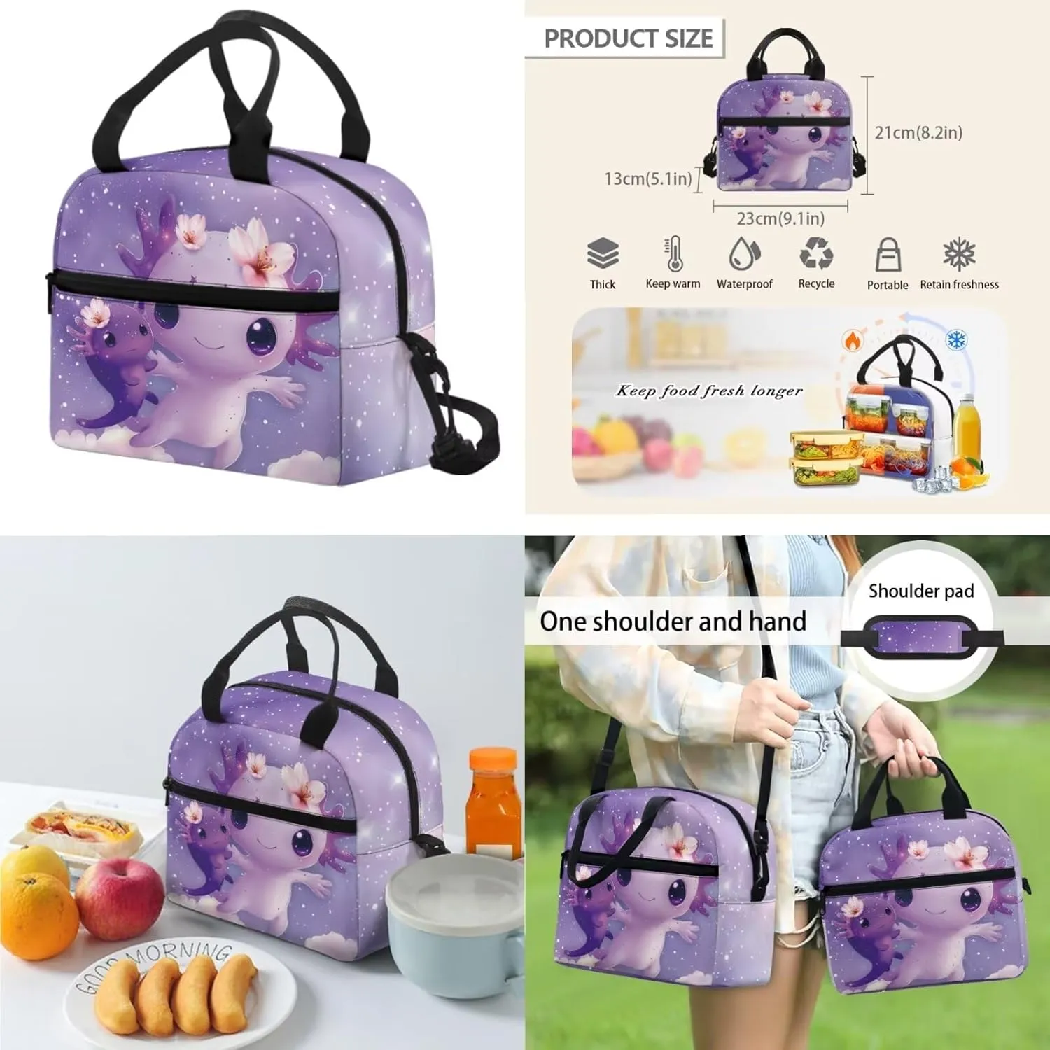 Dolyues Galaxy Axolotl 17-Inch School Bag for Girls - Kids Backpack with Lunch Box Set, Includes Insulated Lunch Bag & Pencil Case, Perfect for School and Family Adventures