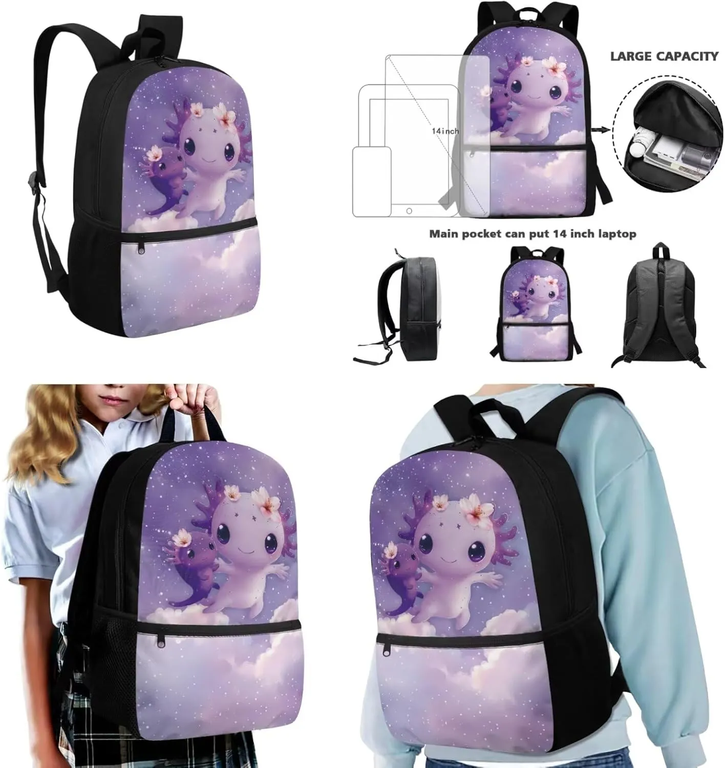 Dolyues Galaxy Axolotl 17-Inch School Bag for Girls - Kids Backpack with Lunch Box Set, Includes Insulated Lunch Bag & Pencil Case, Perfect for School and Family Adventures