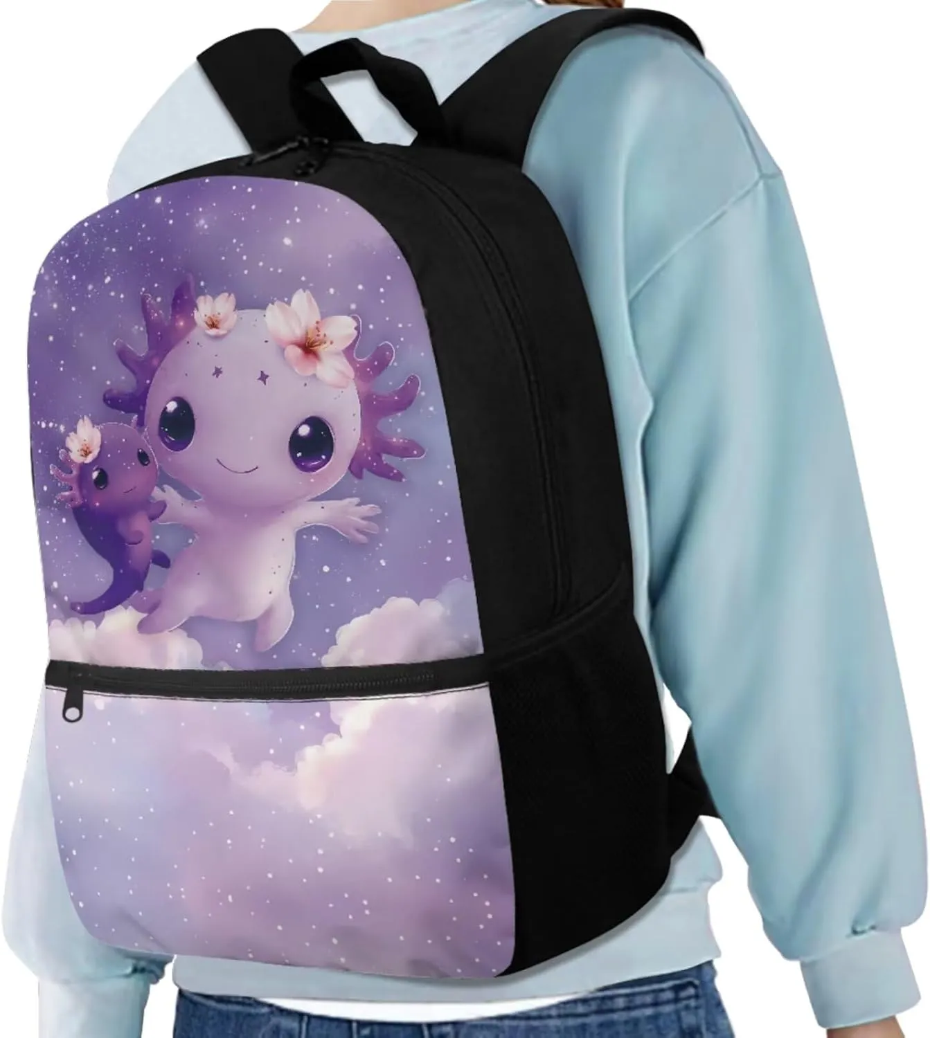 Dolyues Galaxy Axolotl 17-Inch School Bag for Girls - Kids Backpack with Lunch Box Set, Includes Insulated Lunch Bag & Pencil Case, Perfect for School and Family Adventures