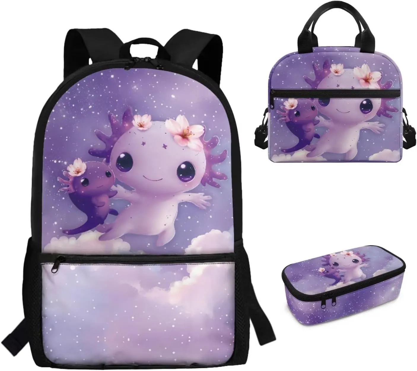 Dolyues Galaxy Axolotl 17-Inch School Bag for Girls - Kids Backpack with Lunch Box Set, Includes Insulated Lunch Bag & Pencil Case, Perfect for School and Family Adventures
