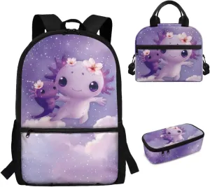 Dolyues Galaxy Axolotl 17-Inch School Bag for Girls - Kids Backpack with Lunch Box Set, Includes Insulated Lunch Bag & Pencil Case, Perfect for School and Family Adventures